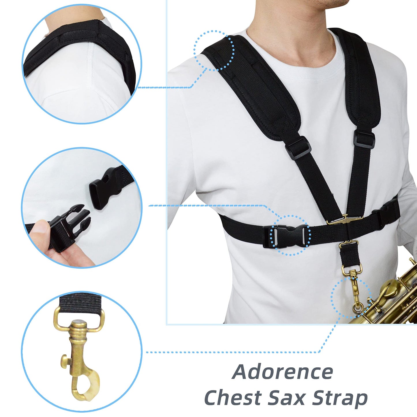 adorence Saxophone Harness Strap, Padded Saxophone Shoulder Strap/Sax Chest Strap - Baritone, Tenor, Alto and Bari Sax Strap for Kid Junior Beginner, Small