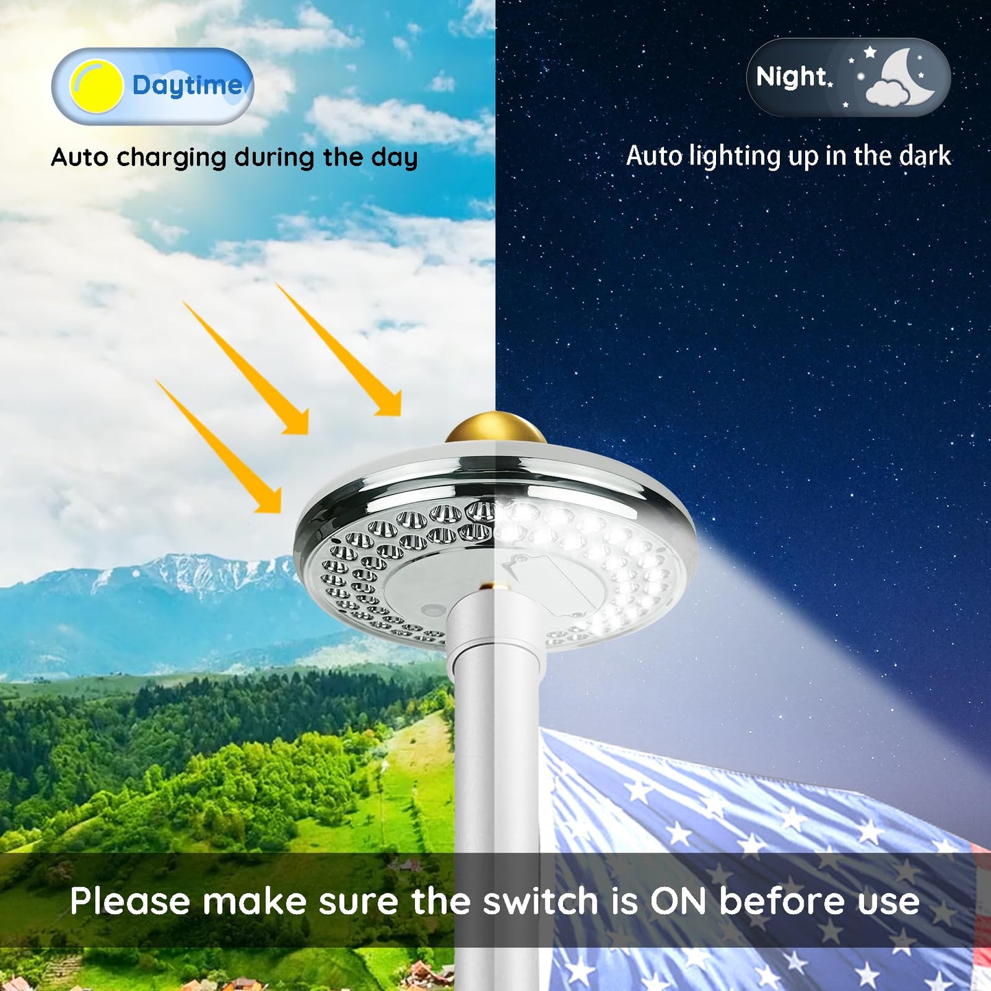 GULADUS Solar Flag Pole Light, 60 LEDs Flag Pole Light Solar Powered, 1800 Lumen, IP65 Waterproof, Dusk to Dawn, 100% Flag Coverage for 15 to 25Ft flagpoles, Deluxe Silver