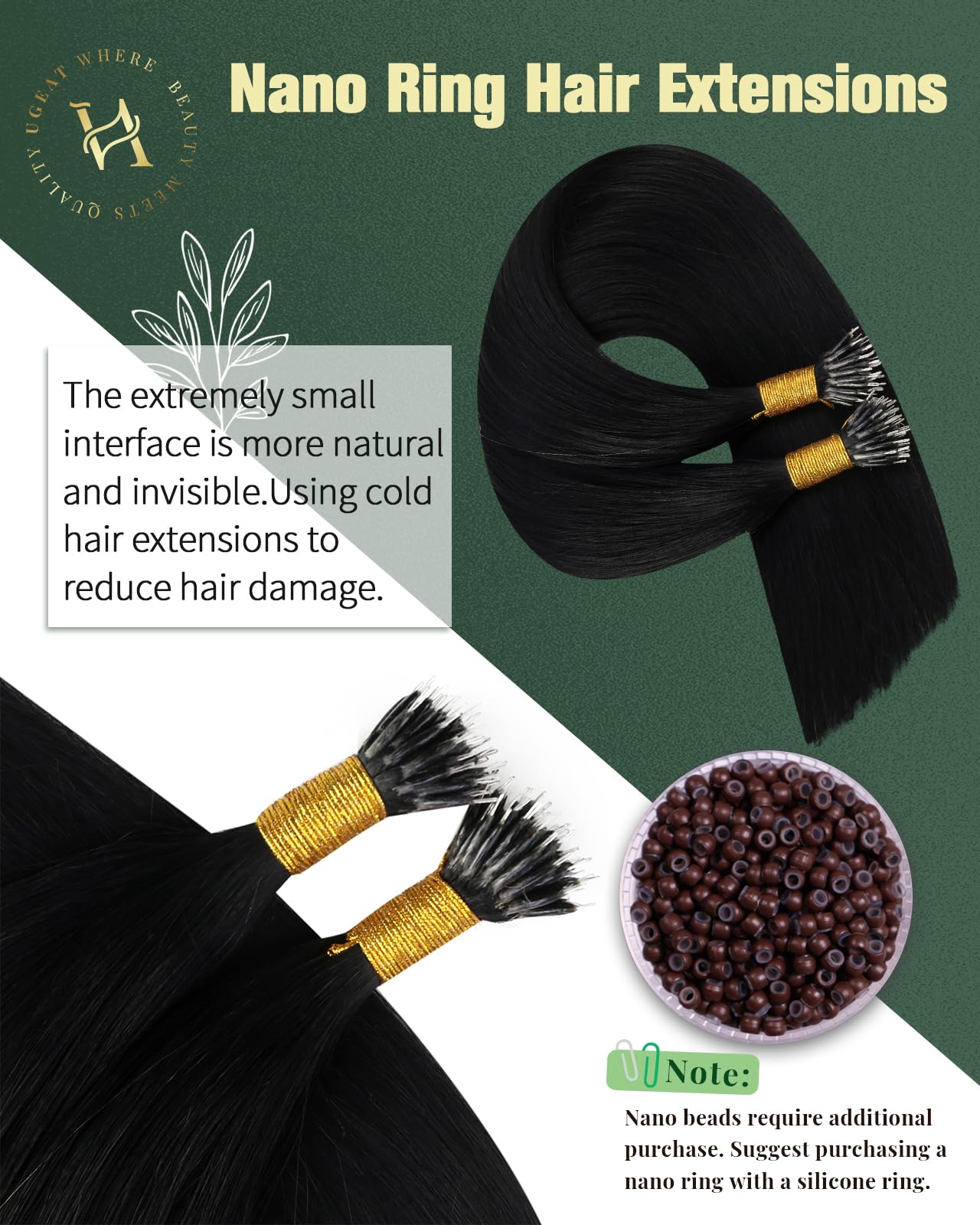 Ugeat Black Nano Beads Hair Extensions for Women Invisible Nano Tip Hair Extensions Human Hair Jet Black Human Hair Extensions Nano Extensions with Cold Fusion 22 Inch 50g 50s