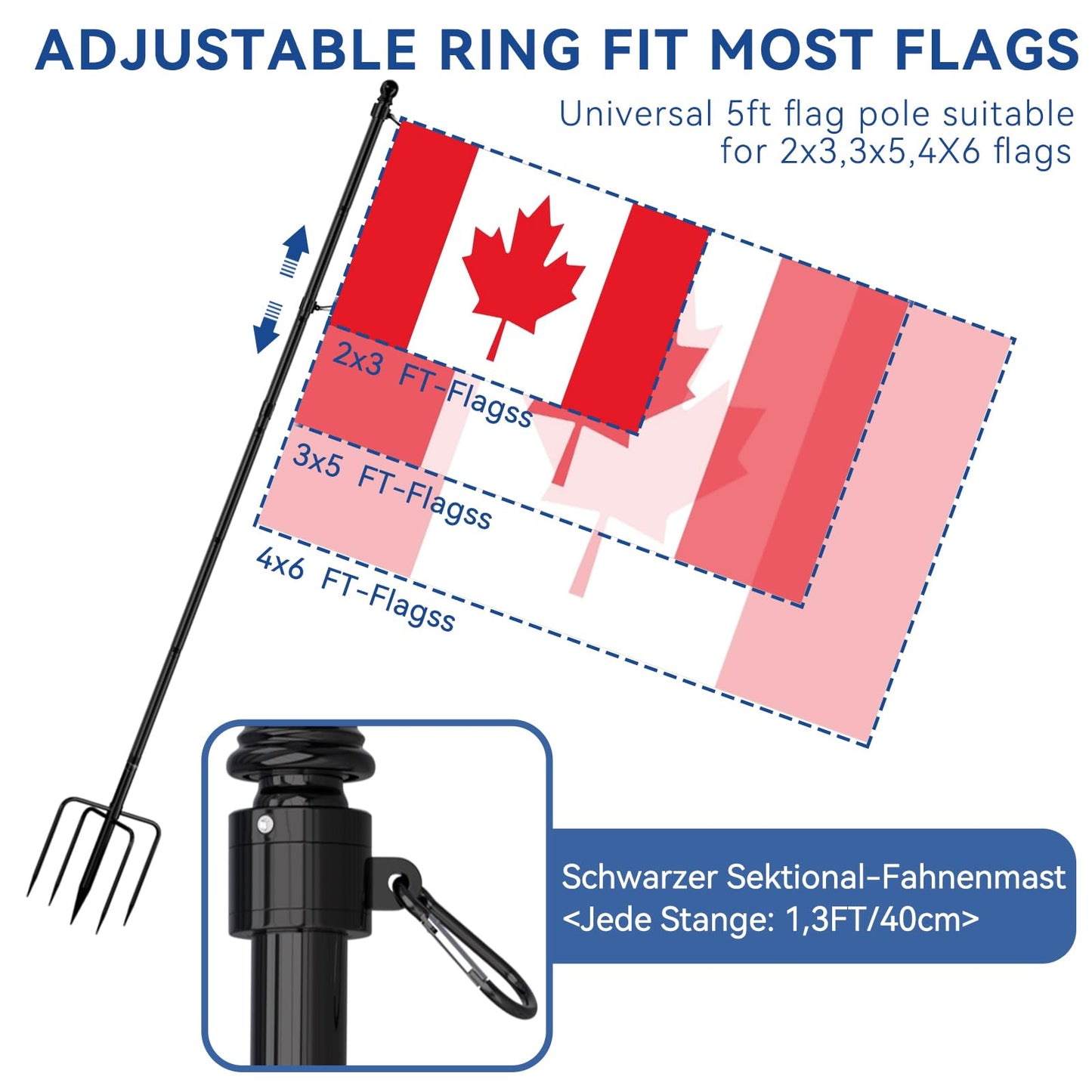 ZMTECH 12FT Flag Pole with 5 Pronges Base in Ground for Yard,Tangle Free Spinning Stainless Steel,Heavy Duty Windproof Ground Flag Poles for 2 Flags | Outside House Residential or Commercial 1 Pack