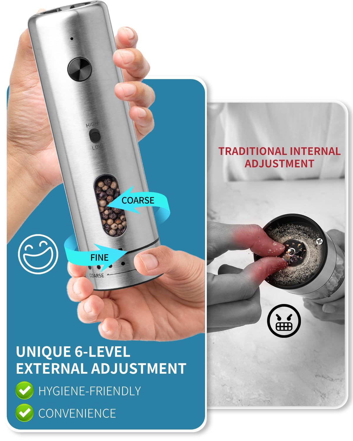 CIRCLE JOY Electric Salt and Pepper Grinder Set with Charging Base, USB Rechargeable Stainless Steel Spice Grinder Salt Mill, 2 Grinding Speeds, External Adjustment and 110ml Container