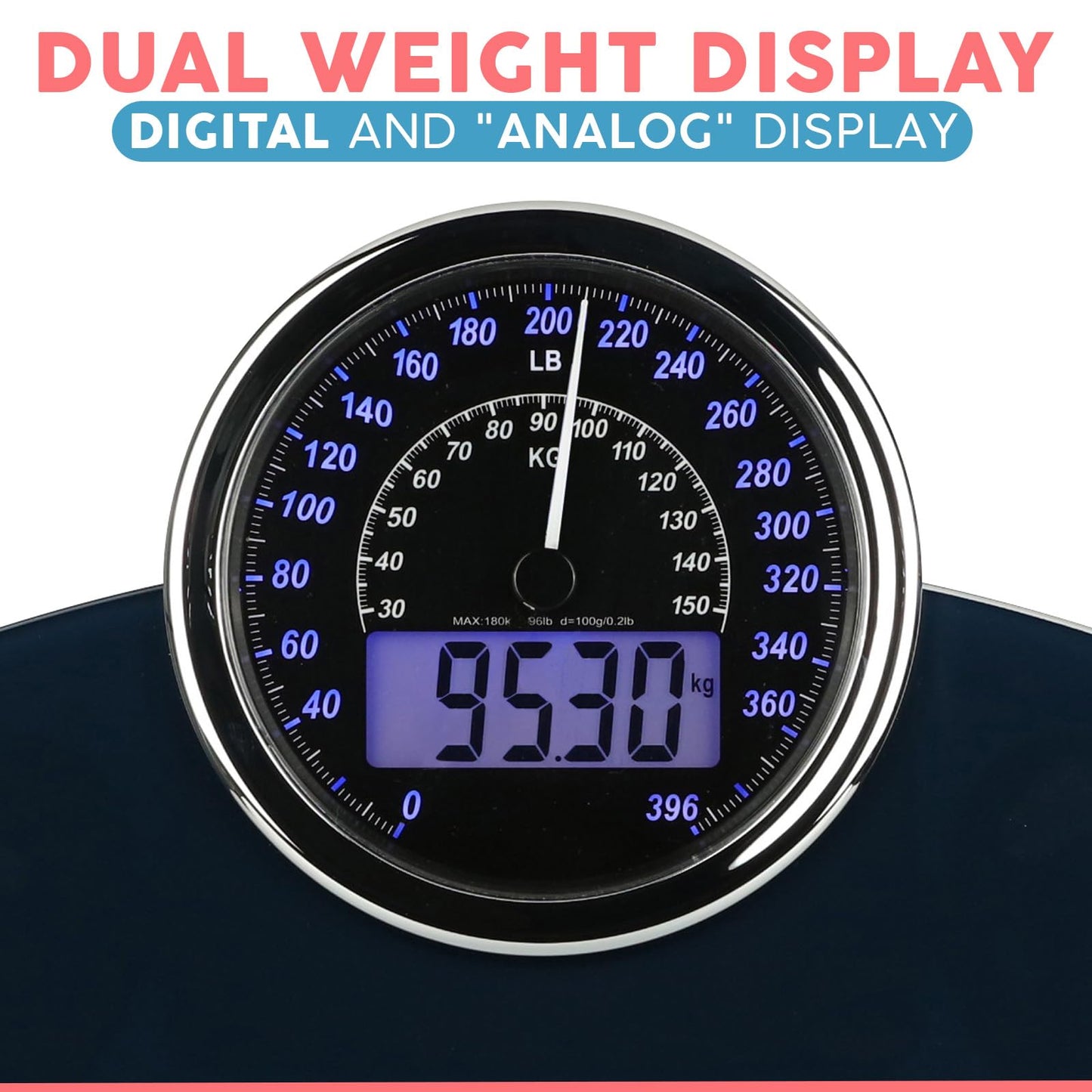 Adamson Pèse-personne Hybride - Nouveau - 2-en-1 Digital et Analogique - Jusqu'à 180 kg - Verre trempé épais - Grand écran - Lecture facile