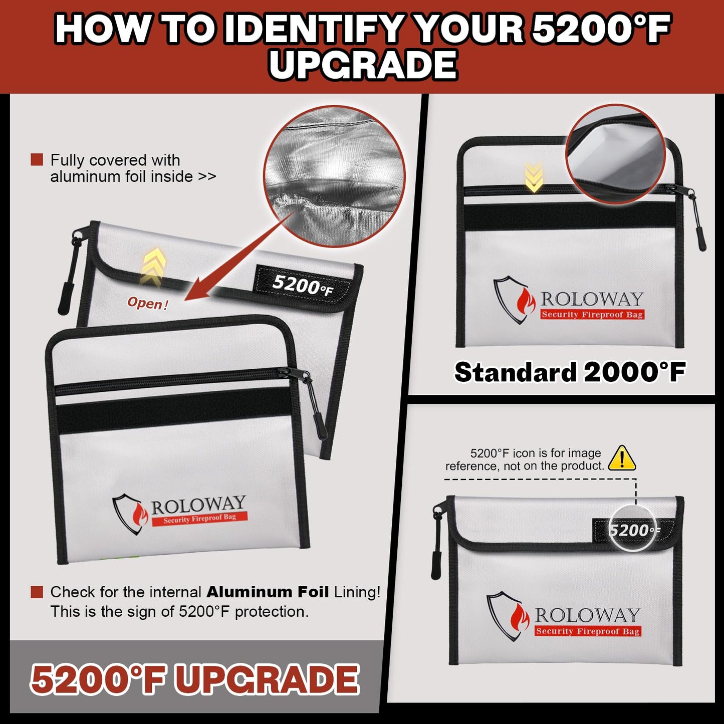 ROLOWAY Fireproof Bag (9.6 x 6.6 inches) 5200°F Heat Insulated, Fireproof Money Bag with Zipper for Cash, Fireproof Safe Bank Bag, Fireproof Money Organizer for Cash (2-Pack)