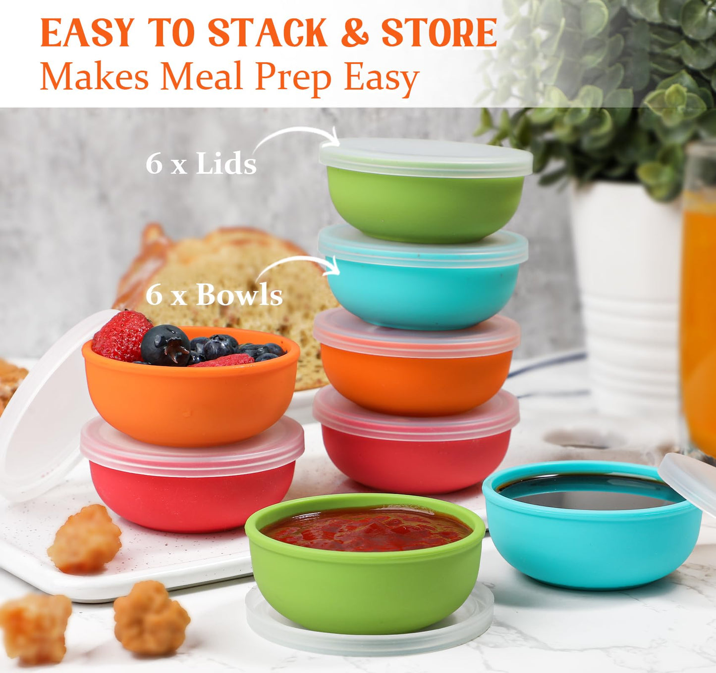 Webake 3" Silicone Pinch Bowls for Cooking Prep, 2oz Small Dipping Bowls Sauce Condiment Containers with Lids, BPA Free Set of 8
