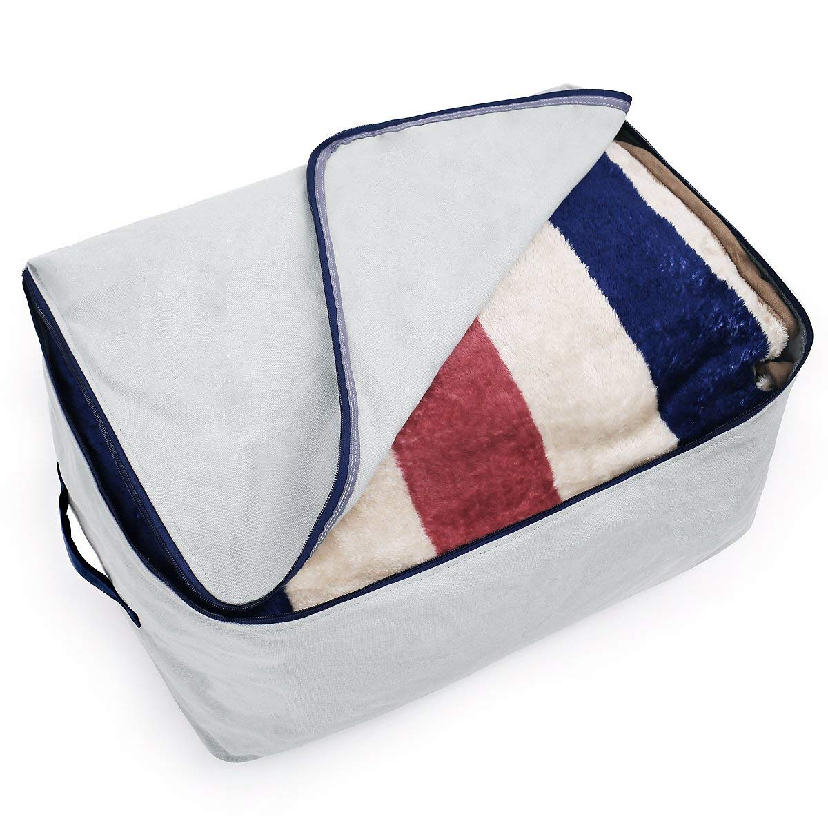 Pack of 2, Canvas Cotton Storage Bags with Zippered Cover, Large Size 98L & Breathable, Soft Storage Organiser Bags for Queen/King Size Beddings, Clothing, Light Gray