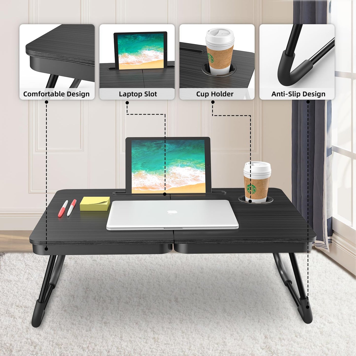 BUYIFY Portable Foldable Laptop Desk for Bed and Couch, Adjustable Lap Desk with Cup Holder and Phone Holder, Ideal for Working, Reading, Writing, and Breakfast (Black)-KKP1