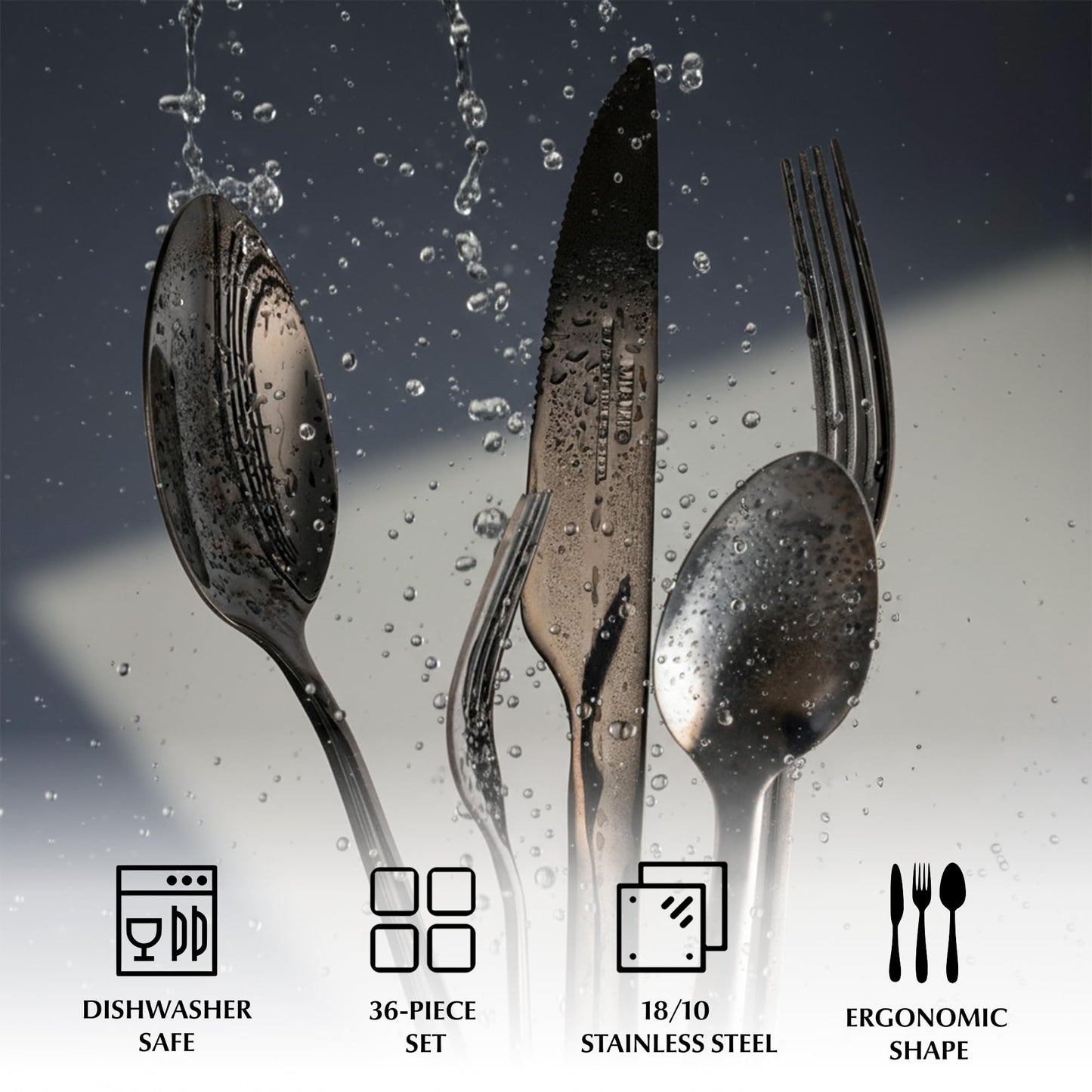 MIAMIO – Cutlery Set Stainless Steel for 6 People / 36-Piece Flatware Set – Includes Knives, Forks, Spoons – Dishwasher Safe (Black)