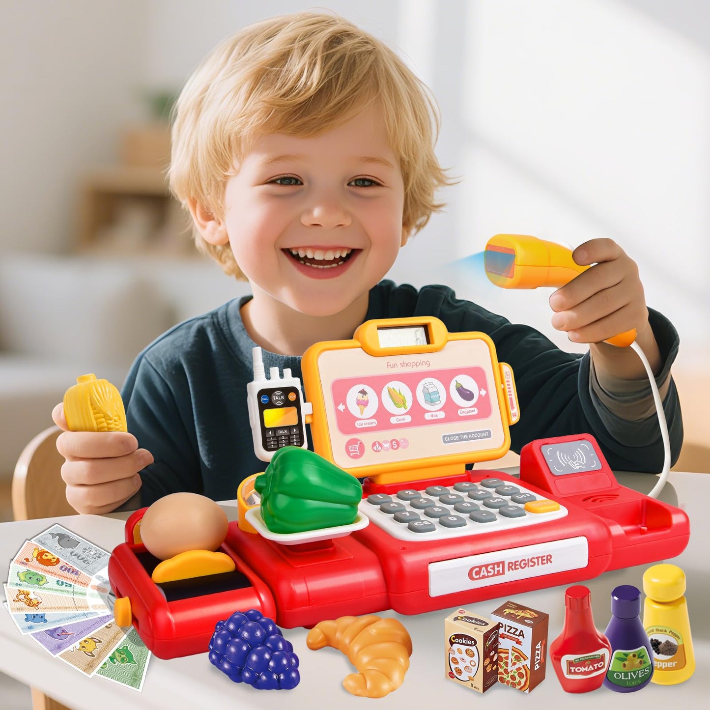 Kids Pretend Play Cash Register Toy Set for Supermarket Shopping, Cosplay Kitchen Toys Educational Learning Toy for Children Boys Girls Birthday (Red)
