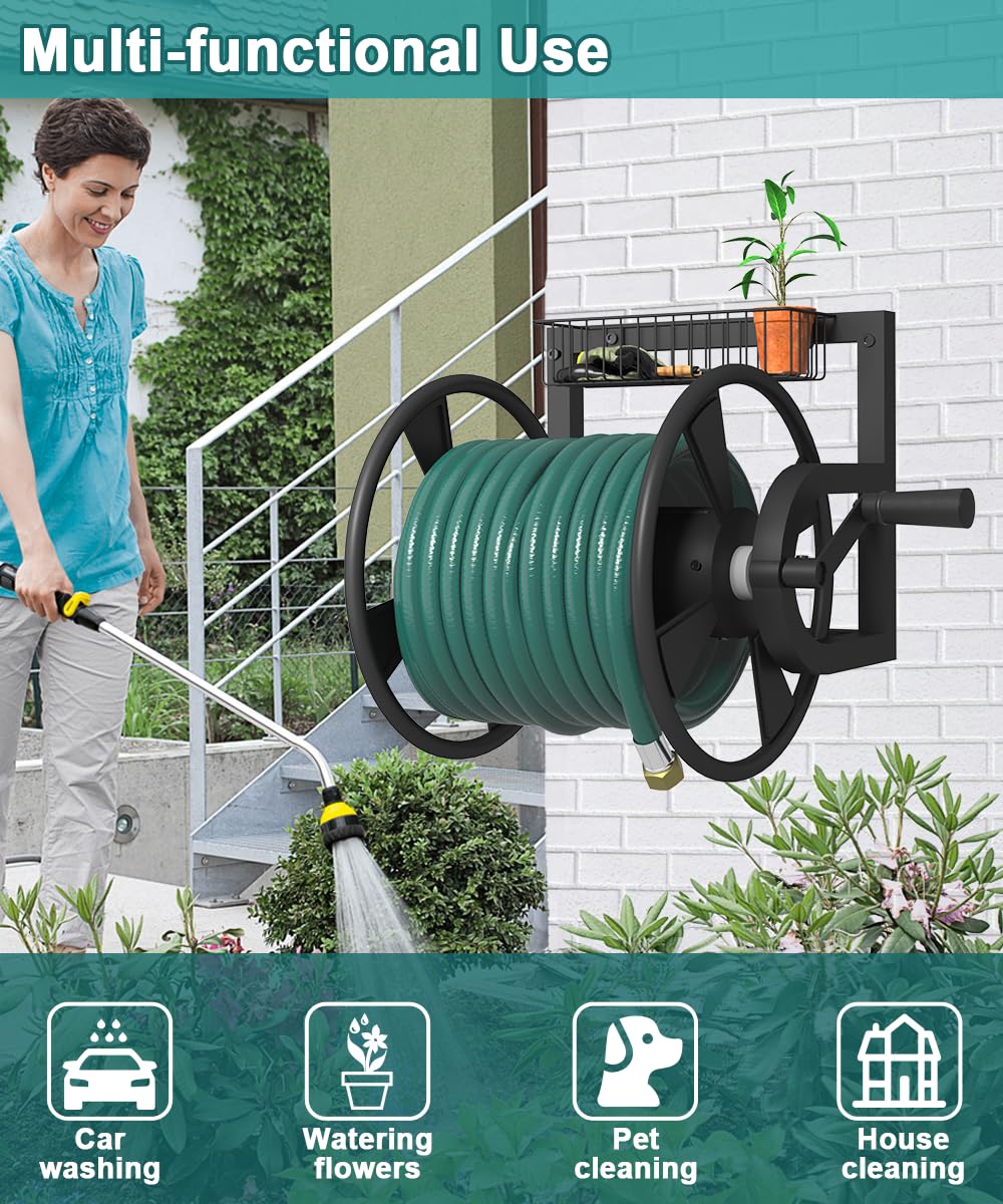Artigarden Garden Wall Mounted Hose Reel, Outdoor Heavy-Duty Water Hose Holder Winder, Holds 125 Feet of 5/8-Inch Hose, with 3.9 ft Leader Hose, Brass Fitting and Storage Basket for Yard, Black