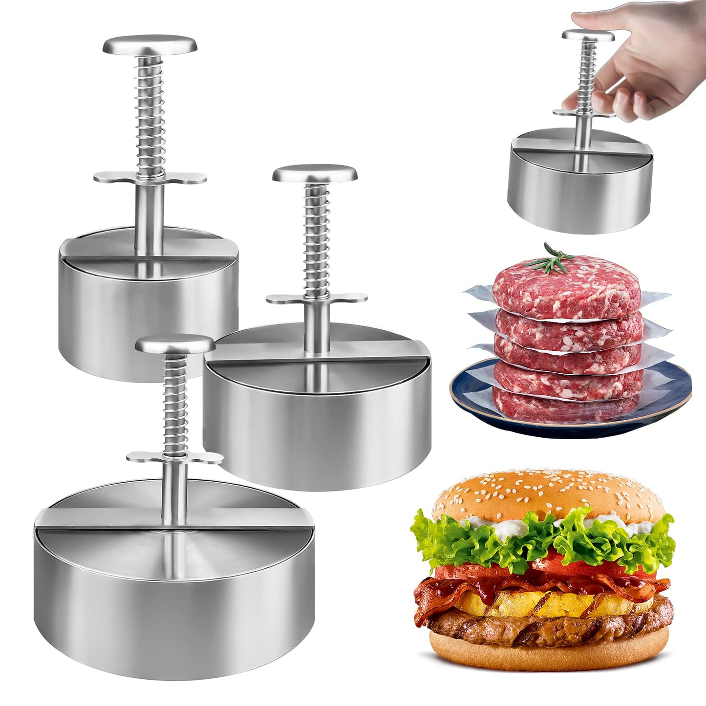 3 Pack Burger Press, Stainless Steel Adjustable Hamburger Patty Maker Meat Press Non-Stick Stuffed Patty Making Molds for Beef, Vegetables, Burgers, Cooking (Silver, 3 Size)