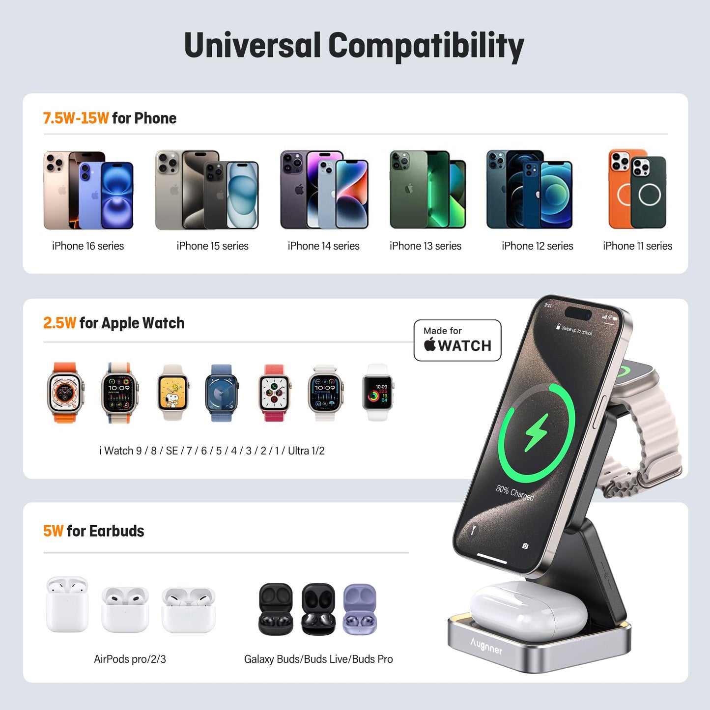 2025 Upgraded Wireless Charger 3 in 1, 15W Fast Foldable Wireless Charging Station with Light for Apple MagSafe, Compatible for iPhone 17/16/15/14/13/12 Apple Watch AirPods 3/2/Pro (20W Adapter)