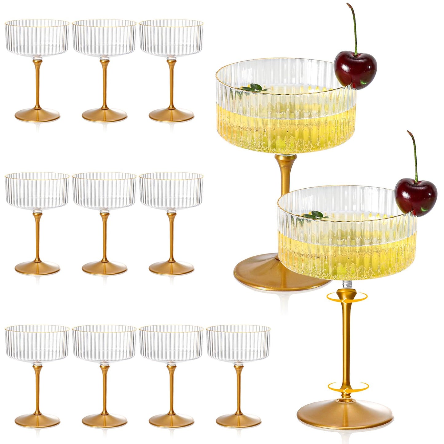 12 Pcs Gold Plastic Ribbed Coupe Glasses with Gold Rims 10oz Espresso Martini Glasses Disposable Champagne Coupe Cocktail Glasses Vintage Margarita Glassware for New Year’s Wedding Eve Bridal Shower