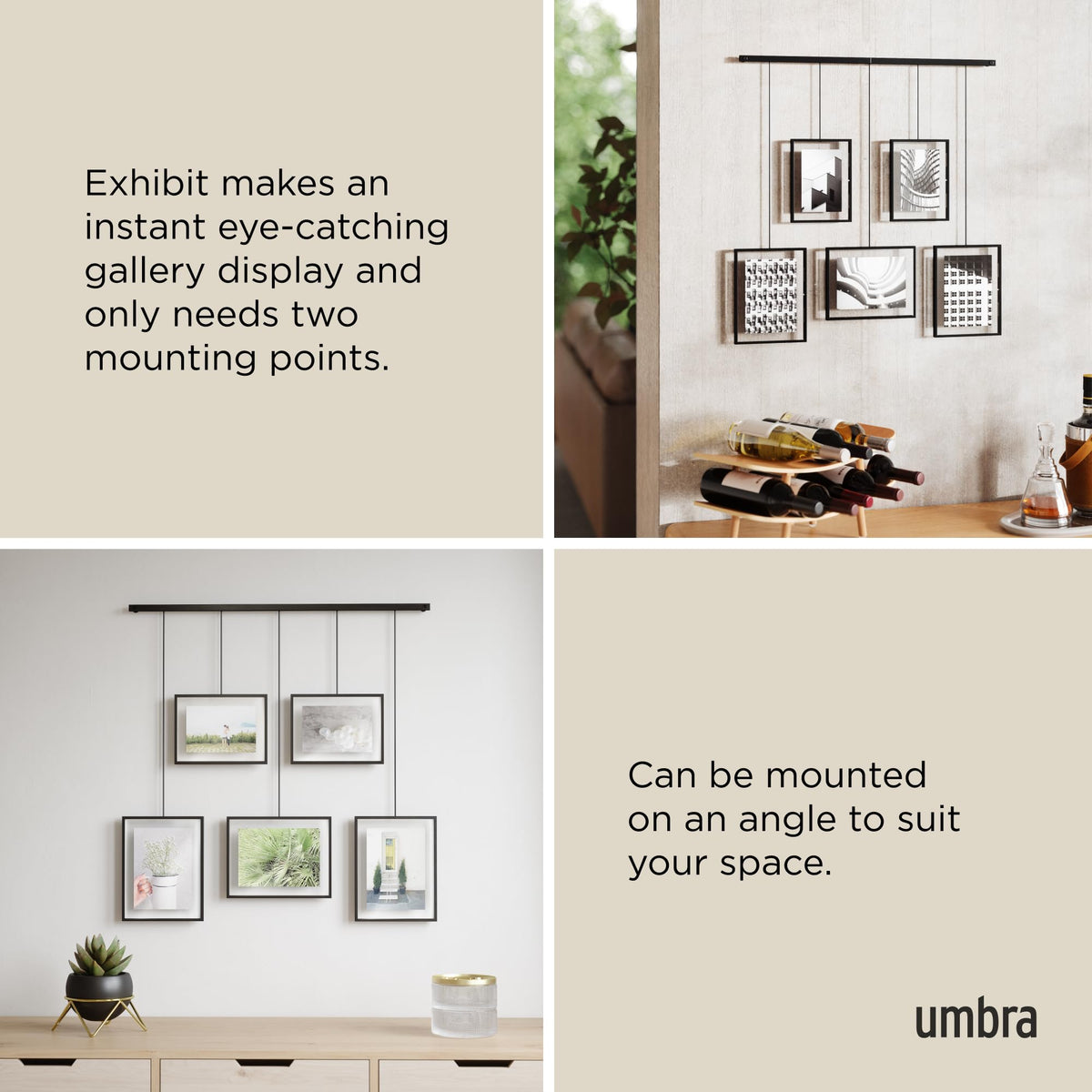 Umbra Exhibit Picture Frame Gallery Set, Adjustable Wall Collage Displays Five Photos (Two 4x6" and Three 5x7"), Set of 5, Black