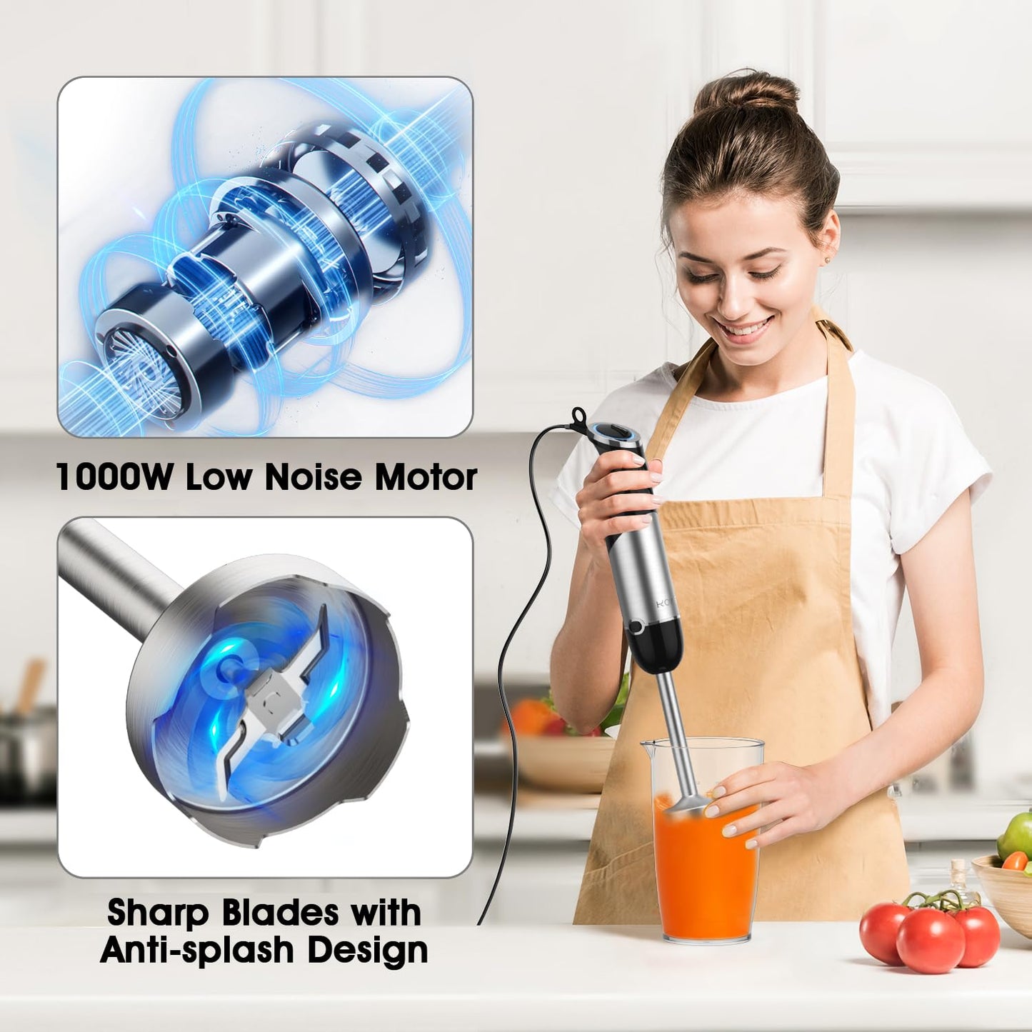 KOIOS 1000W 5 in1 Immersion Blender Handheld, 12-Speed & Turbo Mode Hand Mixer Stick Blender with Food Chopper, Beaker, Whis, Milk Frother, Non-BPA, Black