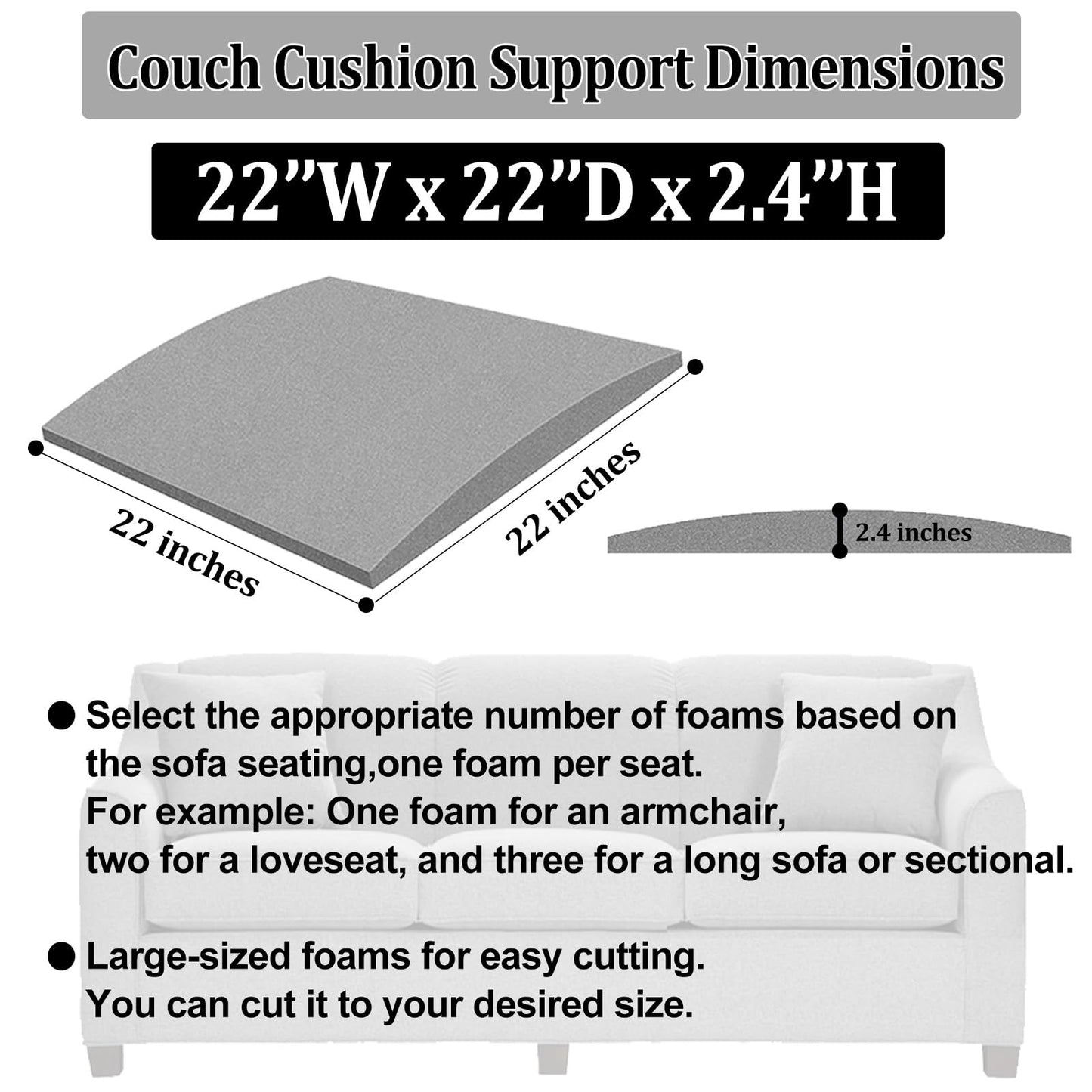 22" x 22" Couch Cushion Support for Sagging Seat, 3 PCS Large Size Insert Sofa Cushion Support Board for Better Lift, 45D High-Density Foam Couch Replacement for Furniture Seat Sagging Repair, Grey
