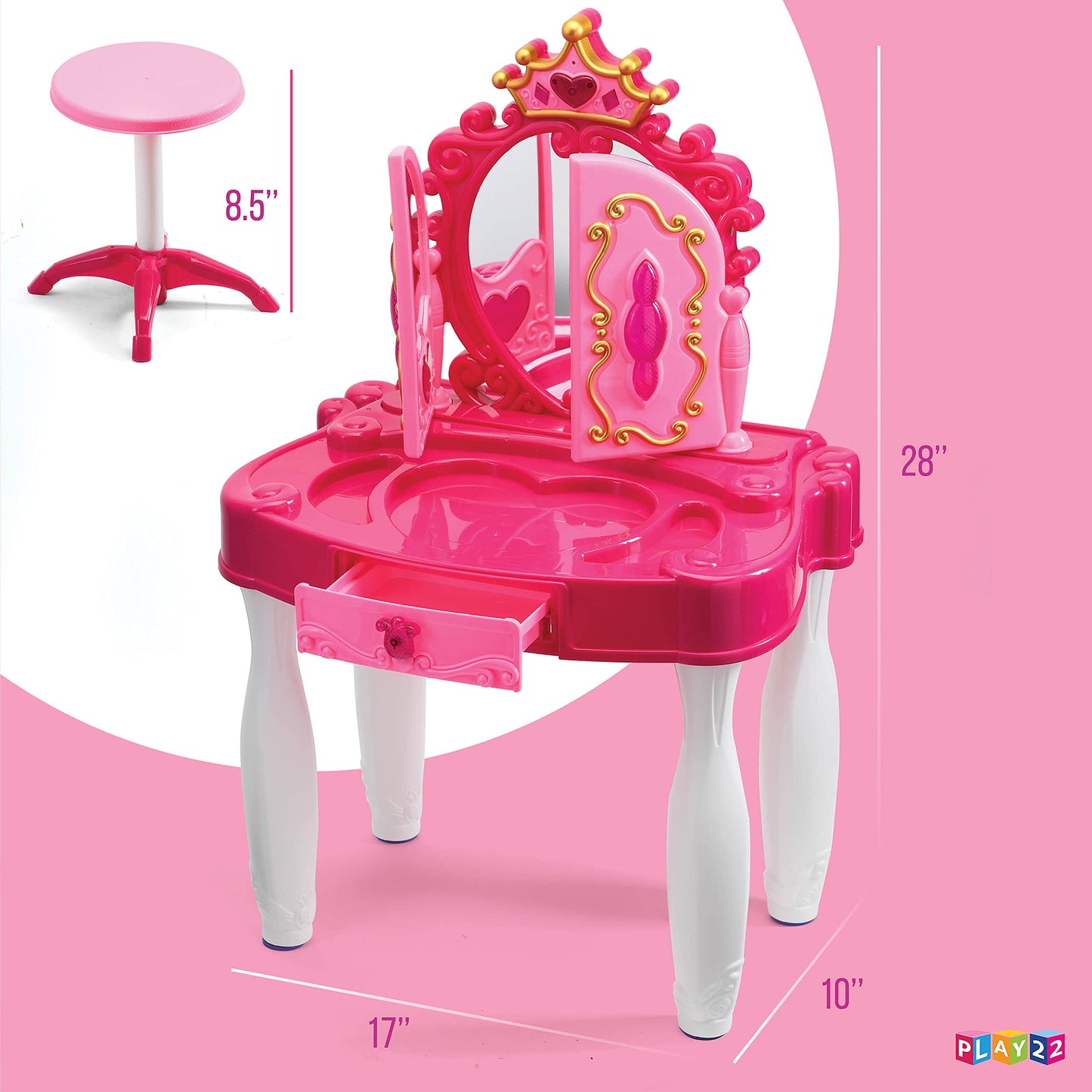 Play22 Pretend Play Girls Vanity Set with Mirror and Stool 20 PCS - Kids Makeup Vanity Table Set with Lights and Sounds - Kids Beauty Salon Set Includes Fashion Hair & Makeup Accessories & Blowdryer