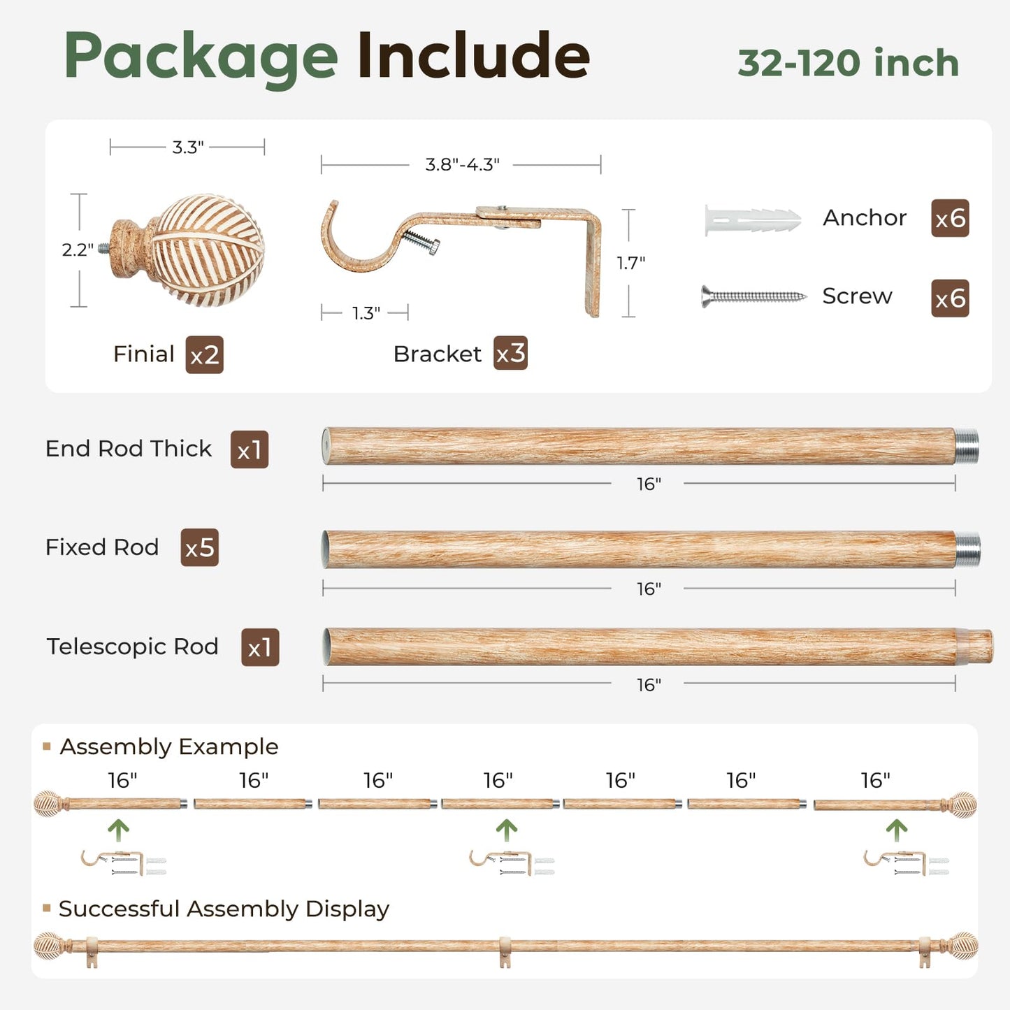 Zeerobee Wood Curtain Rods for Windows 66 to 120, 1 Inch Heavy Duty Drapery Rods with Imitation Wood Grain Leaf Pattern Finials, Indoor/Outdoor Modern Curtain Pole, 32"-120", Brown