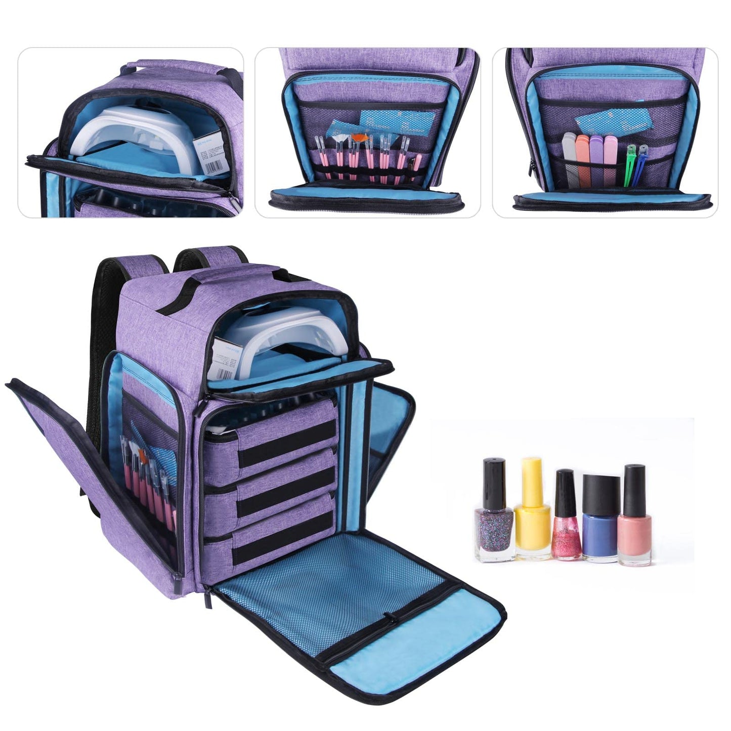 Famard Nail Polish Organizer Backpack Holds 108 Bottles(15ml - 0.5 fl.oz) and a Nail Lamp, with 3 Removable Storage bag for Nail Tech(Purple)