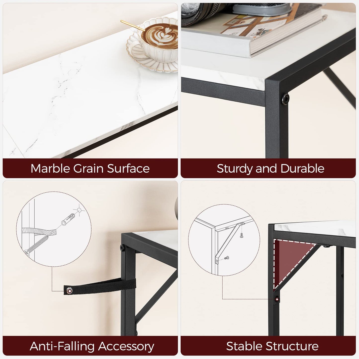 MAHANCRIS 110 cm Console Table, 43.3” Narrow Sofa Table, Entrance Table with Power Station, Behind Couch Table, for Living Room, Hallway, Entryway, Foyer, Marble and Black CTHM112E01