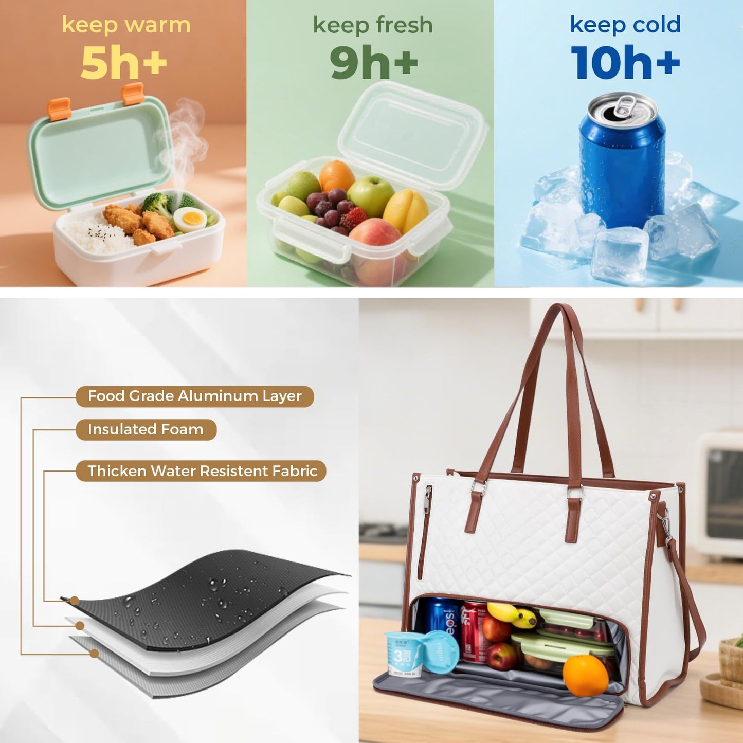 Lunch Work Tote Bags for Women, 15.6 Inch Laptop Bag with Insulated Lunch Compartment, 2 in 1 Tote Bag Lunch Bag Combo with Small Purse and Shoulder Strap for Work, University, Office, Picnic (White)