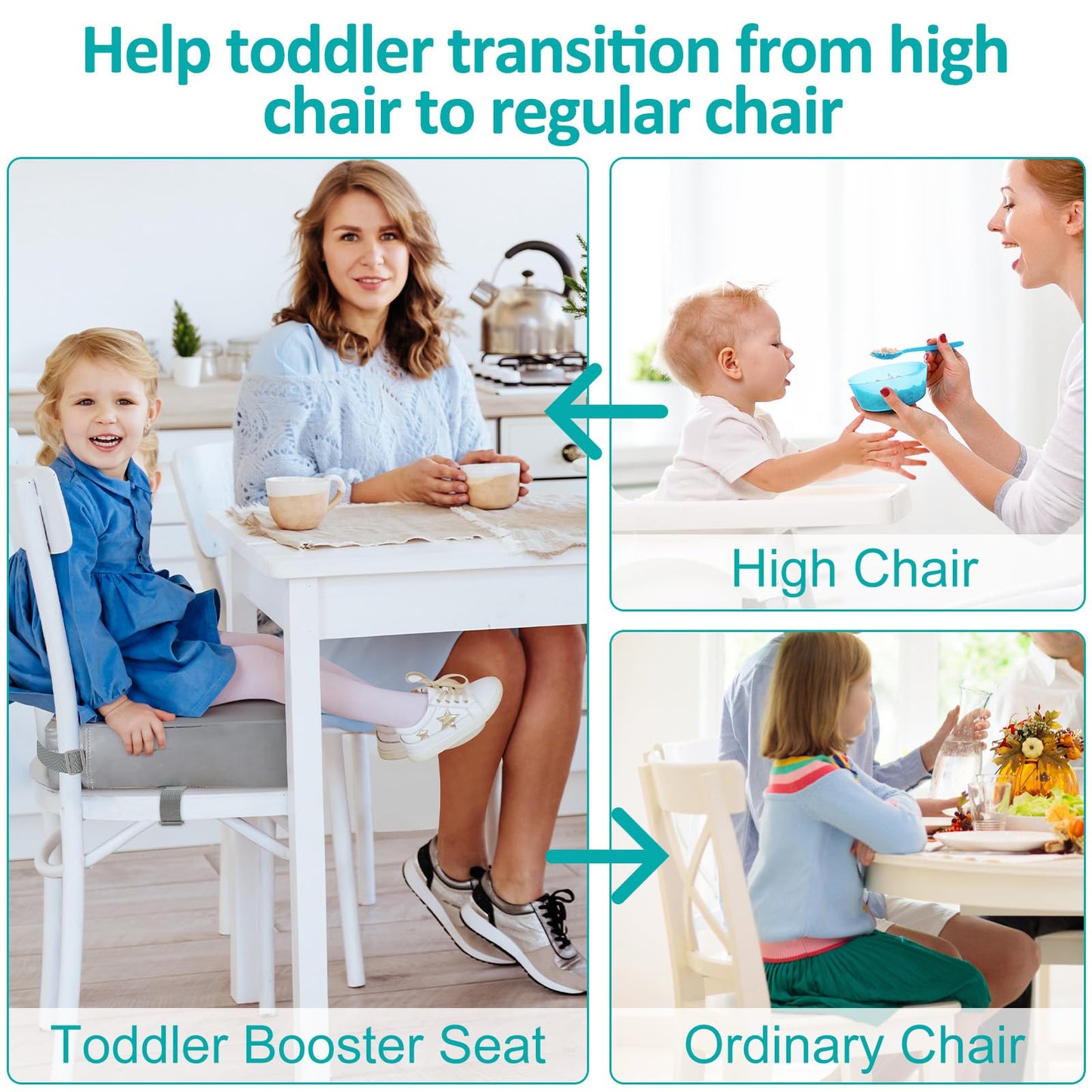 YONTINY Booster Seat for Eating Toddler, Washable PU Kitchen Chair Booster Seat with Double Adjustable Safe Straps, Non-Slip Bottom, Baby Portable Travel Camping Increasing Cushion
