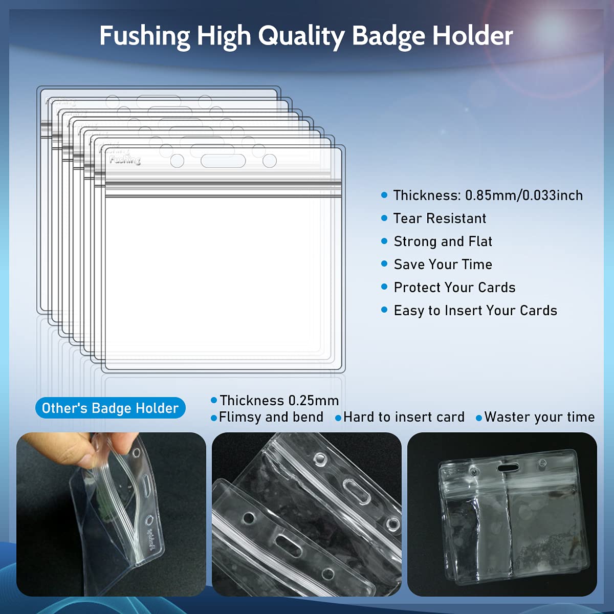 Fushing 50Pcs Extra Thick ID Badge Holders, Exclusive Double-Deck 3x4 Clear Plastic Horizontal Name Tag Badge ID Card Holders, Single Layer Thickness 0.4mm Thicker 60% Than Standard 0.25mm
