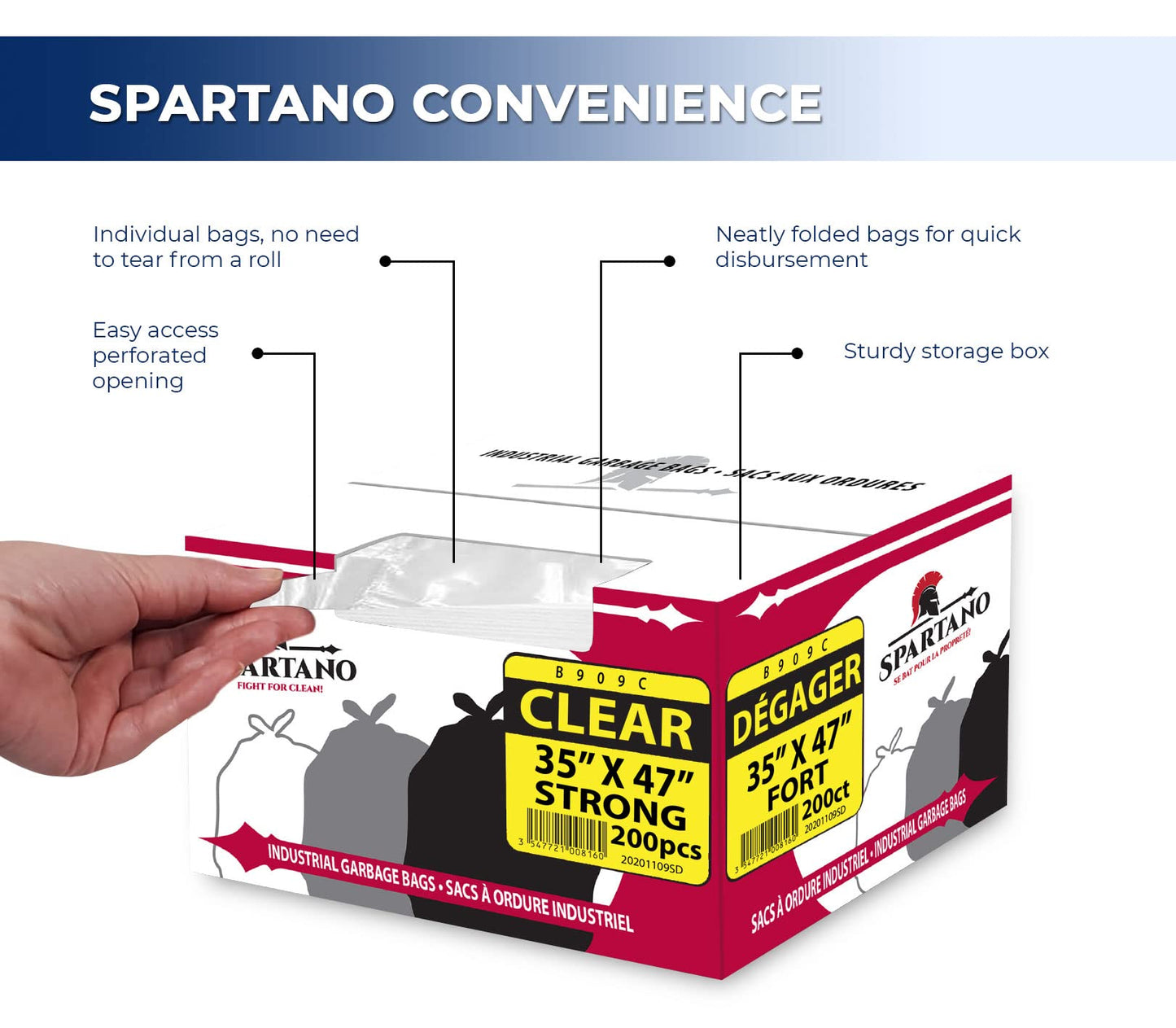 Spartano Clear Garbage Bags 35 x 47 Inch (200 Count), Strong Kitchen Garbage Bag for Waste Bin, Multipurpose Trash Bags for Home & Office