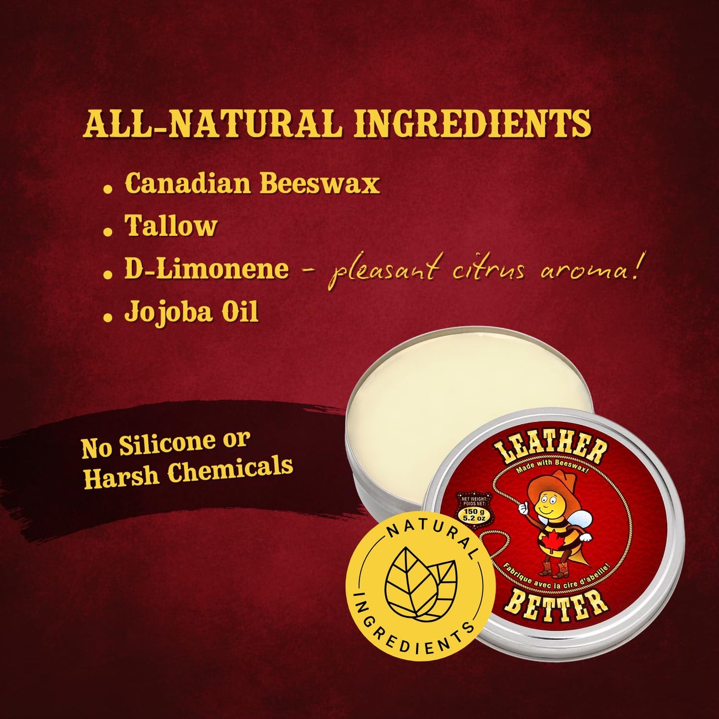 Leather Better All-Natural Leather Conditioner & Waterproofing Balm | Beeswax-Based Cleaner, Polish & Protector for Leather, Vinyl + More! Restores, Conditions & Protects | Made in Canada (300g)