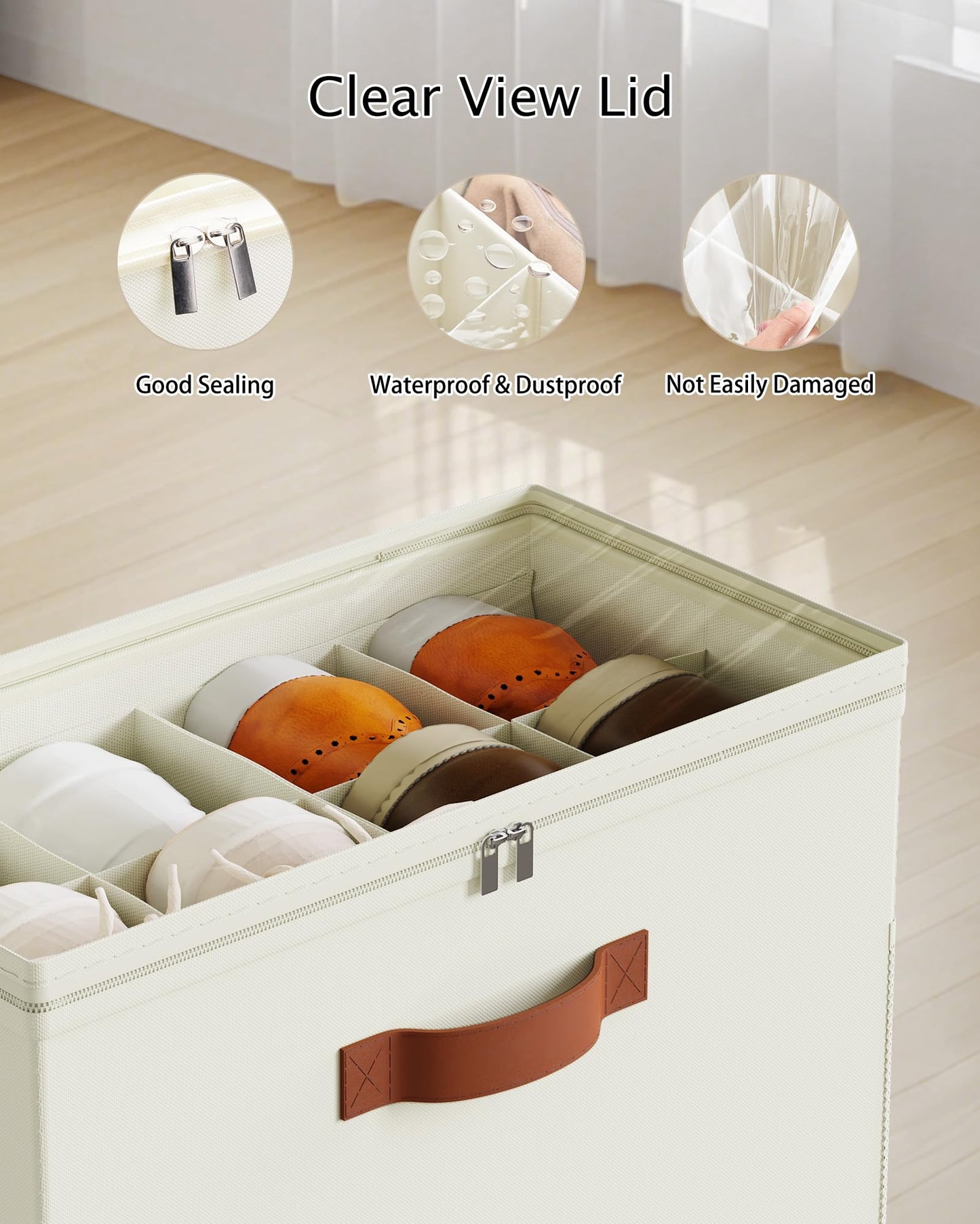 Oterri 2 Pack Shoe Storage Boxes, Shoes Organizer Bins Stackable Detachable Fit for Narrow Closet Shelves and Tight Corners, Shoeboxes with Clear Lids, Mesh Pockets and Sturdy Handles(Beige)