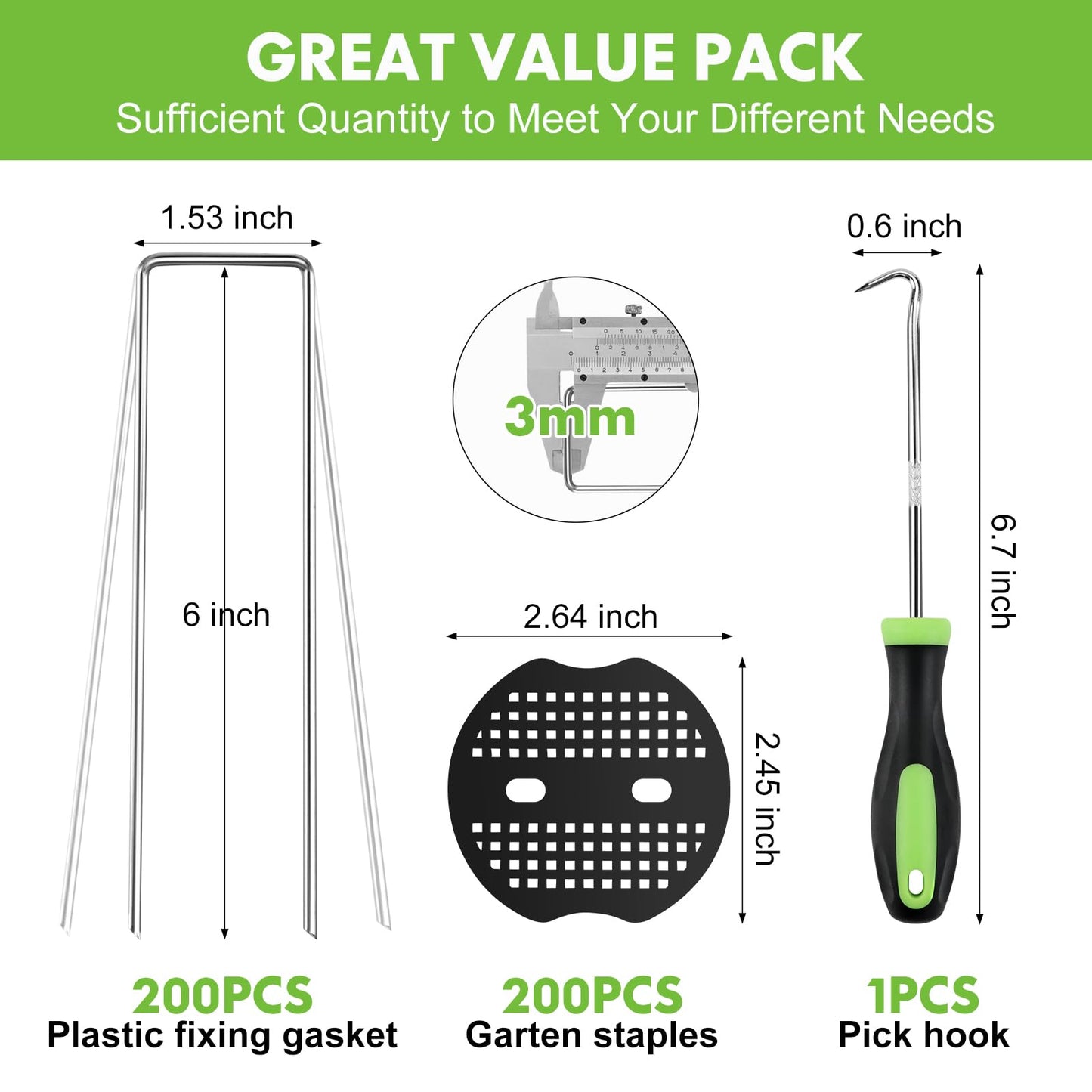 11 Gauge Landscape Staples Set,6 Inch 200pcs Galvanized Garden Stakes + 200pcs Gaskets + 1Pick Hook,Anti-Rust,U-Shaped Lawn Spikes，Landscaping Fabric Pins for Weed Barrier,Ground Cover,Fence,Turf