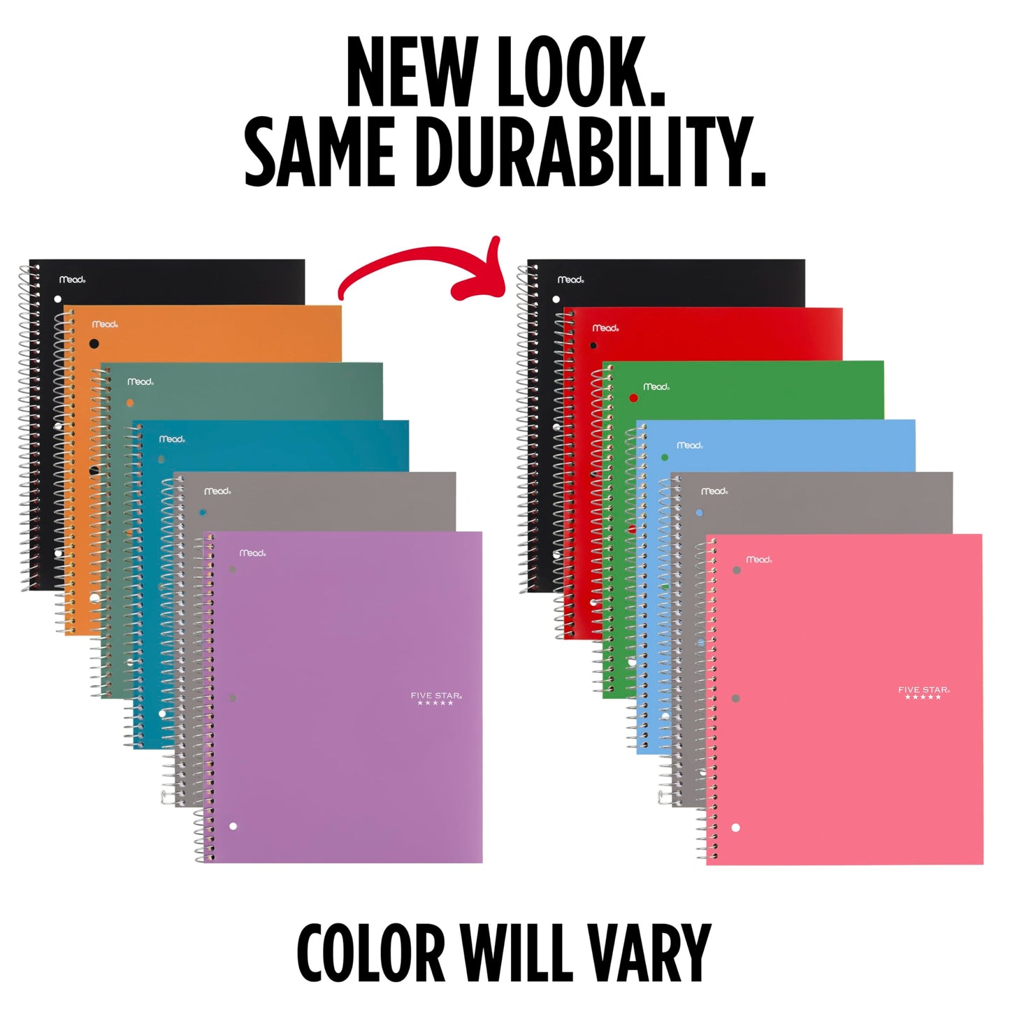 Five Star Spiral Notebook, 1 Subject, Graph Ruled Paper, 100 Sheets, 11" x 8-1/2", Black, Red, Lime, Cobalt Blue, Royal Purple, White, 6 Pack (73549)