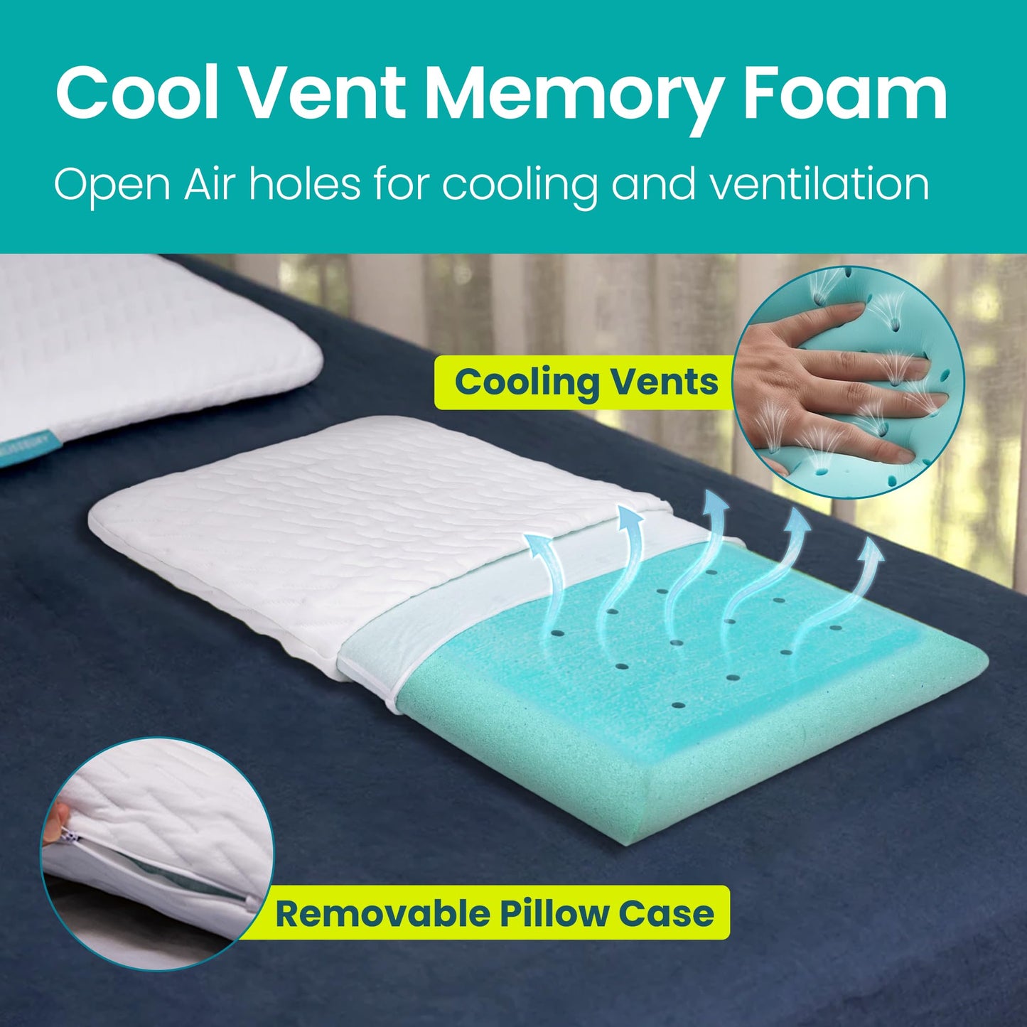 BLISSBURY 6.5cm Cooling Ultra Thin Pillow for Sleeping | Flat Pillow for Stomach Sleeper & Back Sleeper | Cool-to-Touch Memory Foam Stomach Sleeping Pillow | Removable Cool-Tech Pillow Case