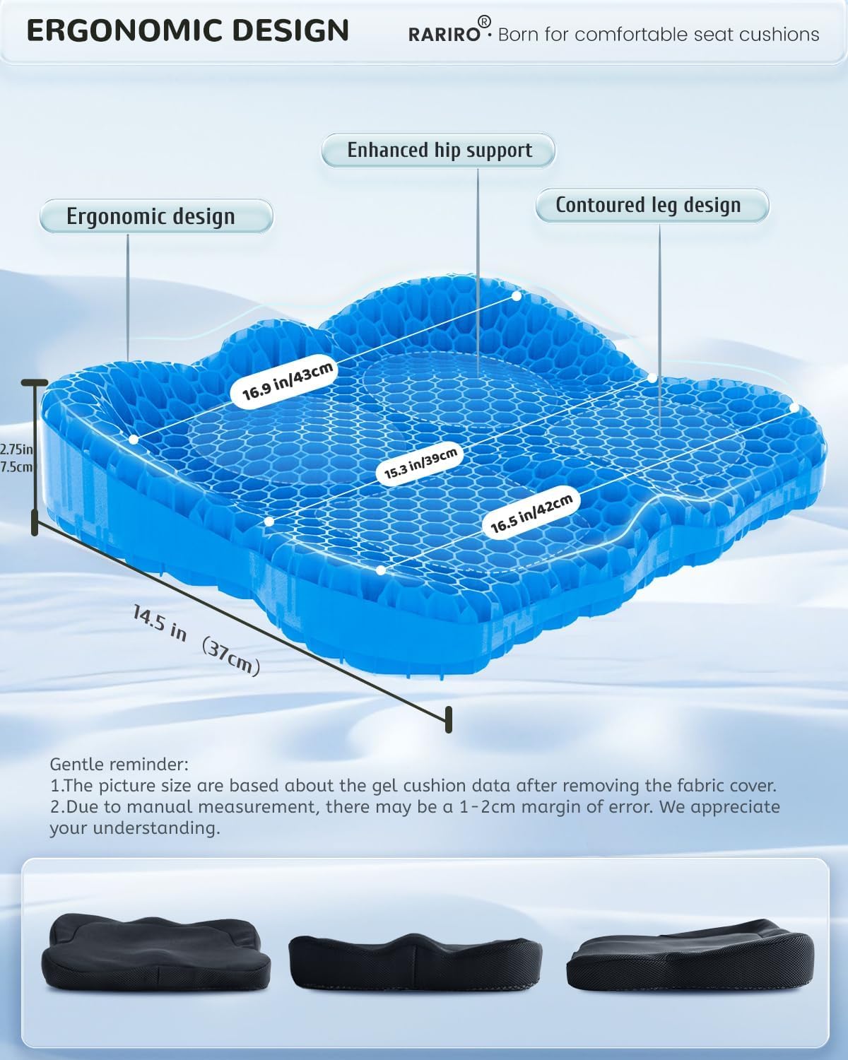 Thickened Gel Seat Cushion, Chair Seat Pads for Wheelchair, Gel Cushion Seat for Pressure Coccyx Sciatica Pain Relief, Egg Cushion for Car Office Chair, Cooling Cushion for Long Sitting[Blue-2.75"]