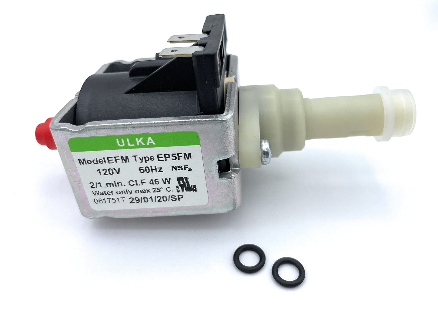 MacMaxe ULKA Model E Type EP5FM - Replacement Pump Compatible with Breville Espresso Machine - Solenoid Vibratory Water Pump with 2 O-Ring Seals - 15 Bar Max Pressure, 2/1 Min. On/Off, 120V, 60Hz, 46W