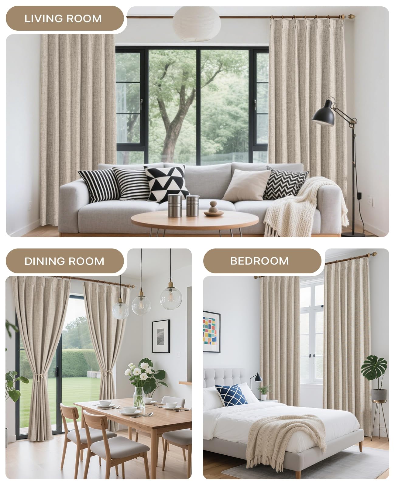 Gleantdeco 84 Inch Long Natural Linen Pinch Pleated 100% Blackout Curtains & Drapes, Farmhouse/Living Room/Bedroom Curtains 2 Panels Set, Thermal Insulated Window Room Darkening Curtain