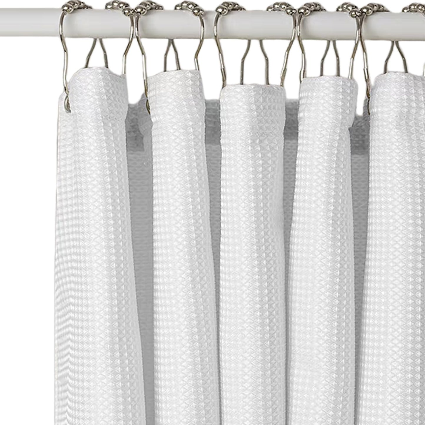 Linerless Waterproof Waffle Weave Fabric Shower Curtain - TPU Laminated Bathroom Curtain with 12 Rustproof Metal Hooks, 100% Water-Resistant & No Liner Needed, Machine Washable, 72x72 inches(White)
