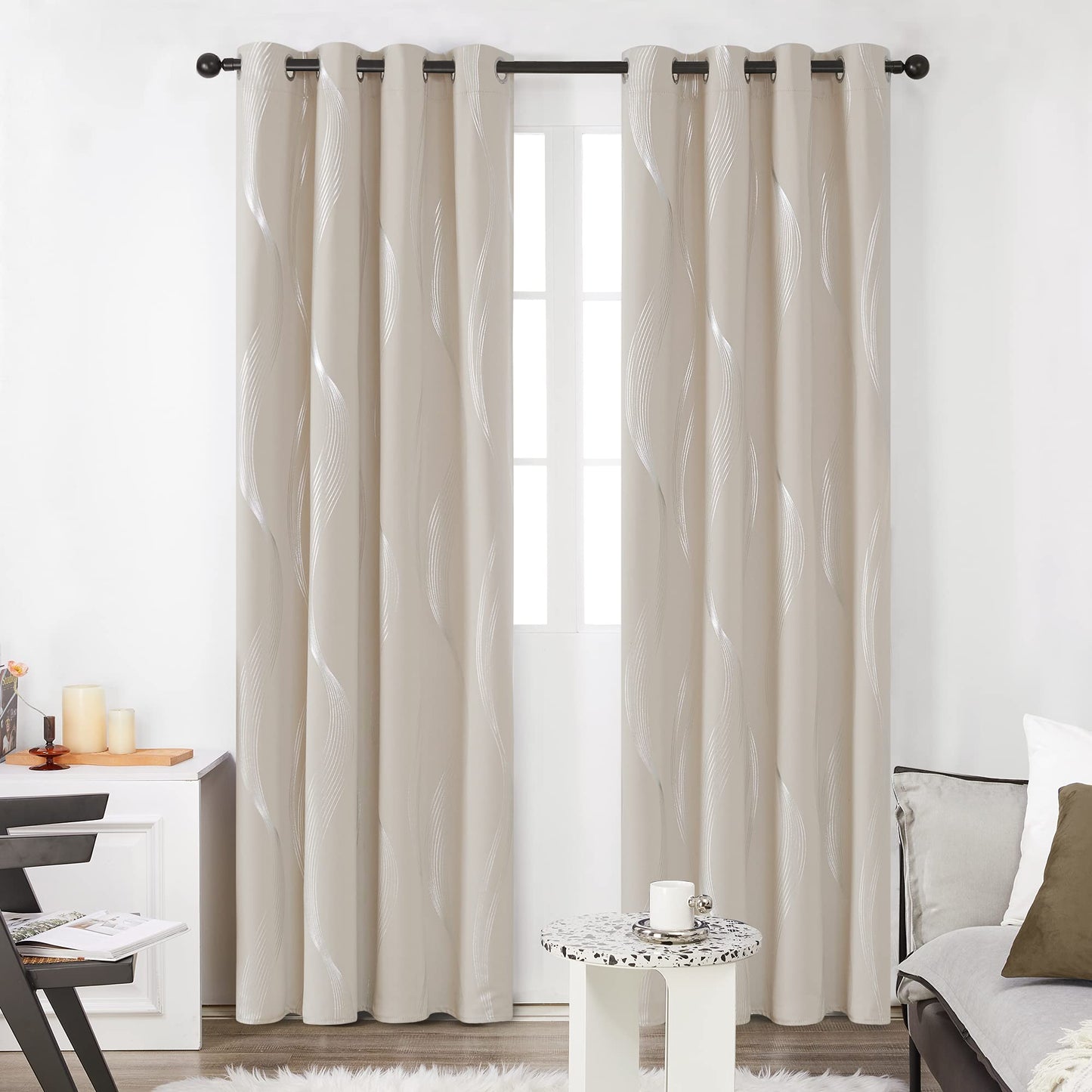 Deconovo Thermal Insulated Blackout Curtains, Room Darkening Foil Print Wave Window Curtains for Living Room, 52x84 Inch, Light Beige, 2 Panels