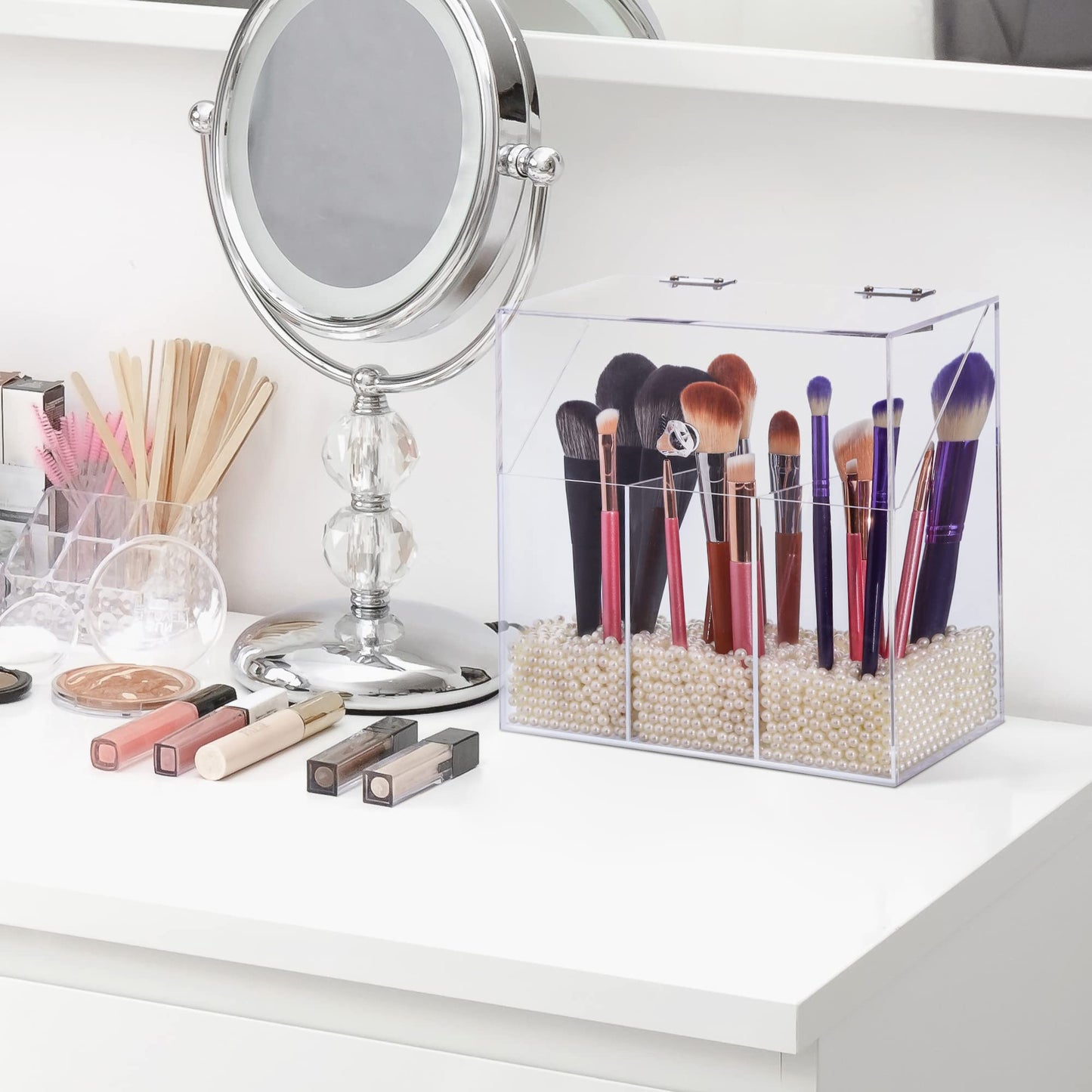LOHRYVIO Acrylic Makeup Brush Holder with Lid - Clear Cosmetic Make up Brush Organizer and Storage Box with Dustproof Cover for Vanity - Large Capacity 3-Slots Container for Brushes (Clear)