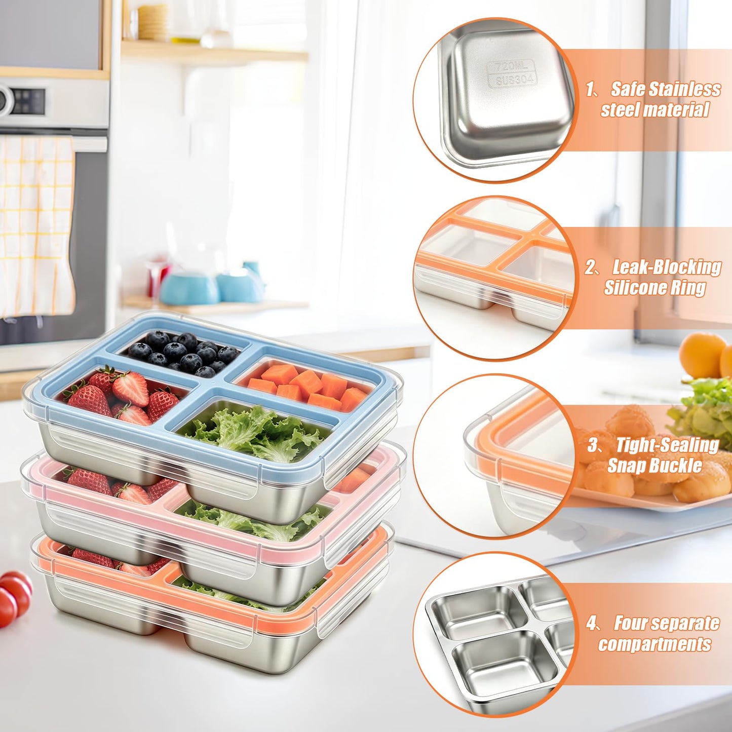 WOODOUNAI 3 Pack Stainless Steel Snack Containers with Lids, 4 Compartment 24.3 Oz Easy Open Leak Proof Stainless Steel Lunch Box, Reusable Snack Box Container for Meal Prep School Picnic Travel