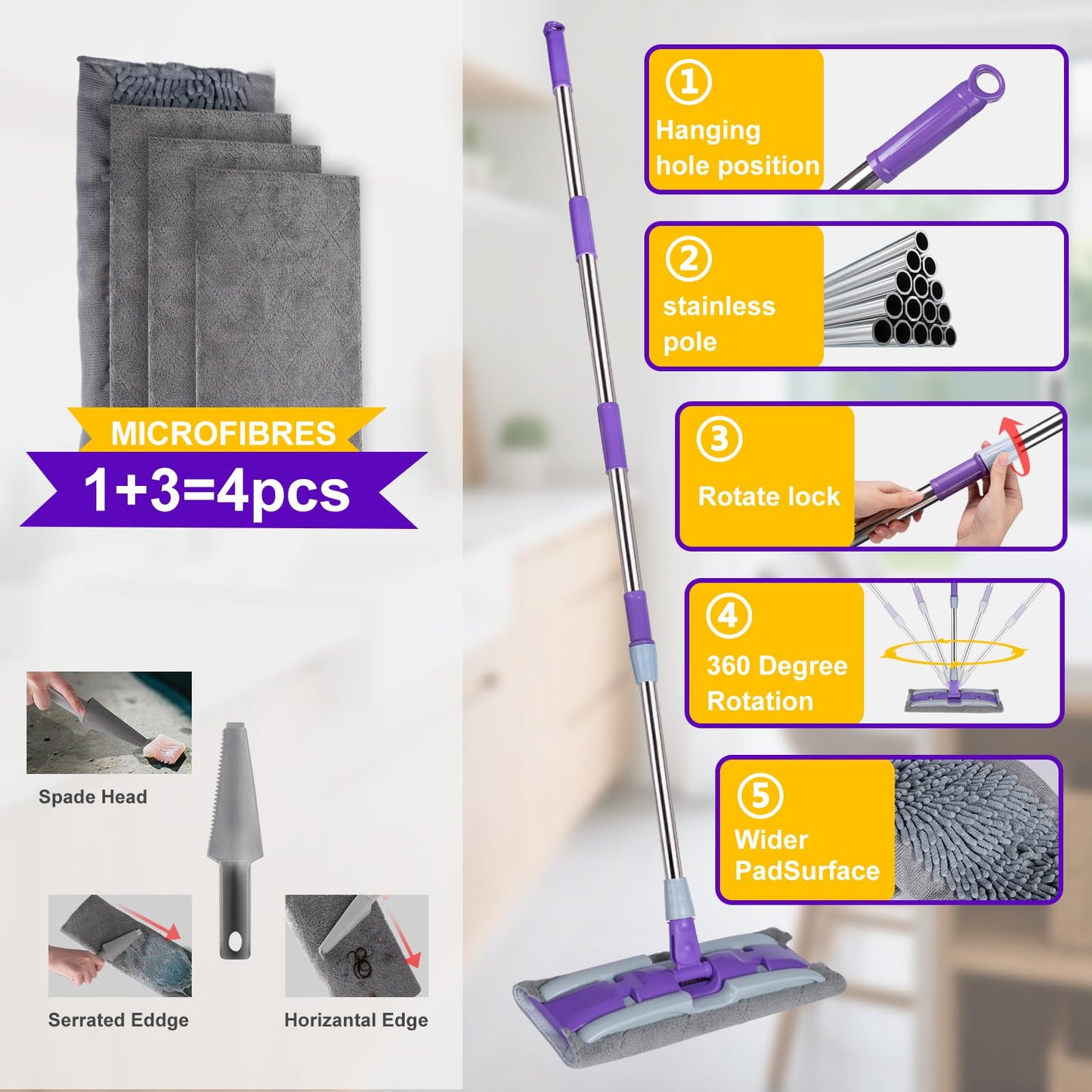 ITTAHO Microfiber Mops for Floor Cleaning ,Wet Dry Flat Mop with Stainless Steel Telescopic Handle,4 Reusable Mop Pads , Dust Mop for Hardwood Floors ,Home,Laminate,Tile,Hardwoods Cleaning (Purple)
