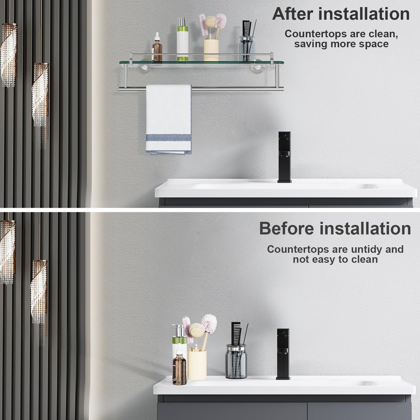 KOCOK 20" Tempered Glass Bathroom Shelf with Towel Bar, Brushed Nickel and Stainless Steel, Rustproof Tower Stand with Shelves