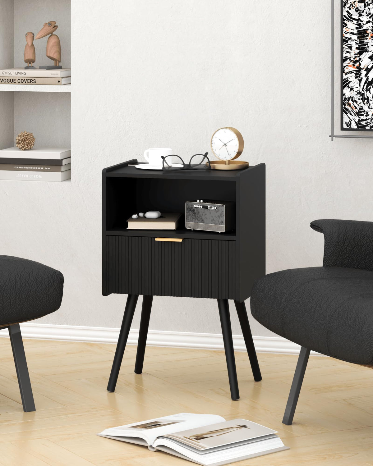 Black Nightstand,Modern Bedside Table with Storage Drawer and Open Wood Shelf, for Living Room, Bedroom and Small Spaces, Accent Night Stand with Solid Wood Legs, Easy Assembly,Classic Black