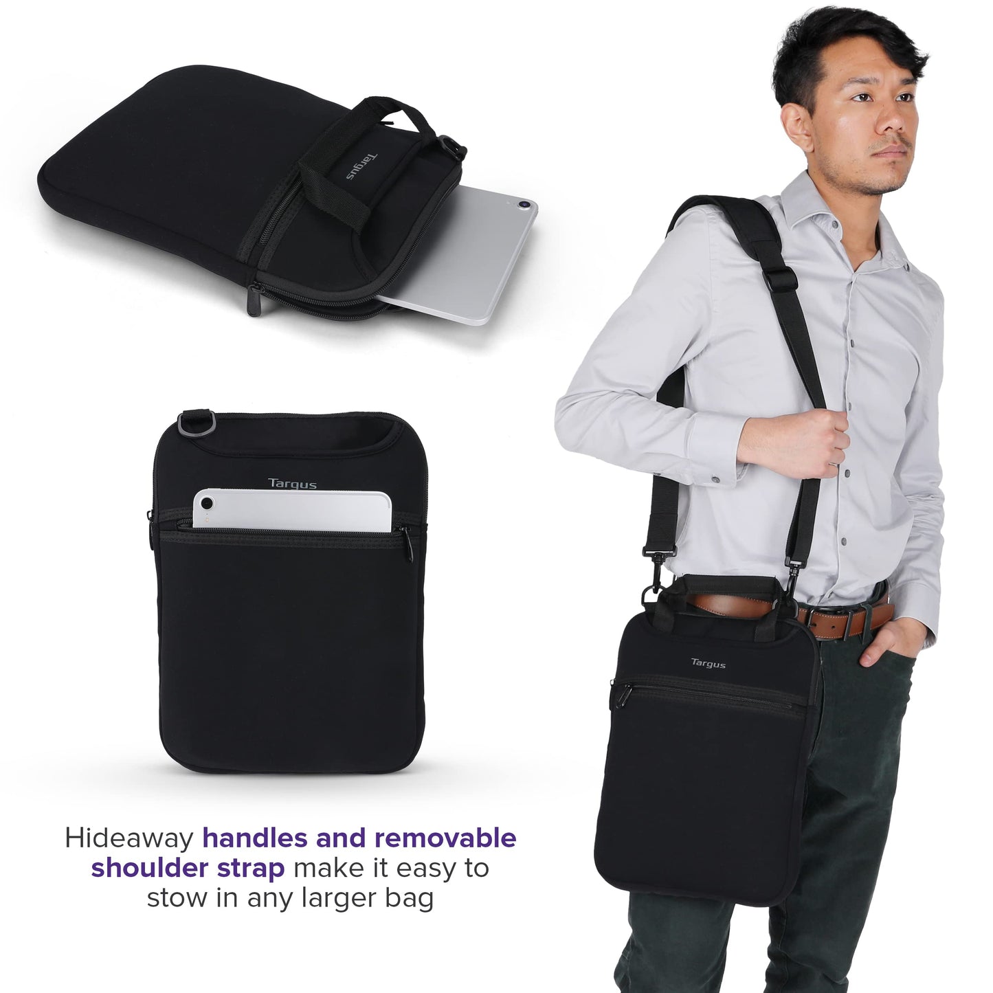 Targus Vertical Slipcase Secure Business Professional Travel Laptop Bag with Hideaway Handles, Cross Shoulder Strap, Protective Padding for 12-Inch Laptop, Black (TSS912)