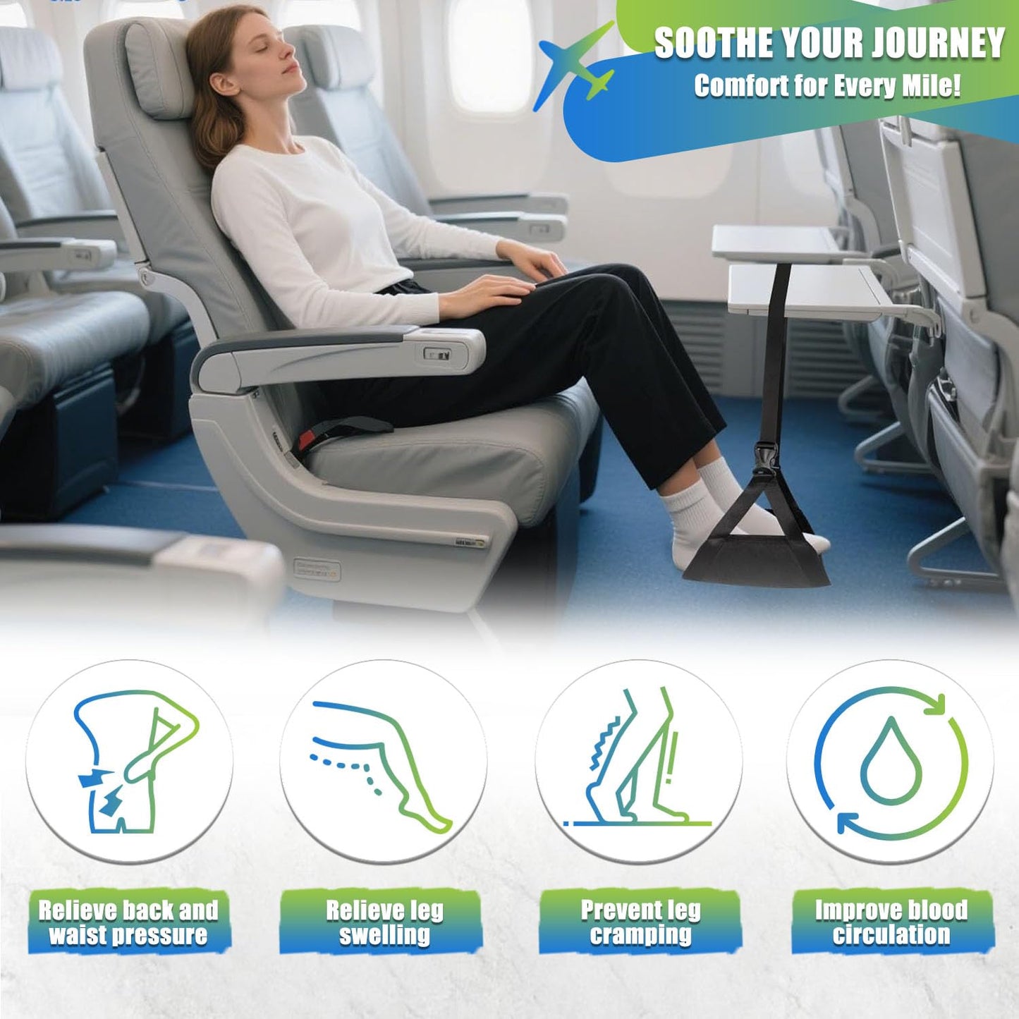 2-Pack Airplane Foot Hammock, No Collapse Thickened Bamboo Airplane Foot Rest with Extended Adjustment Strap, Portable Desk Foot Hammock, Foot Sling Travel Essentials to Relax Your Feet
