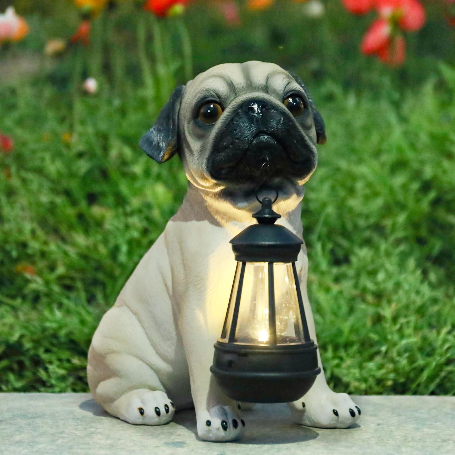 Garden Dog Statues Outdoor Decor, Solar Lights Outdoor Pug Figurines Solar Dog Ornaments for Patio, Lawn, Yard Art Decoration, Valentines Day Gifts, Housewarming Garden Gift