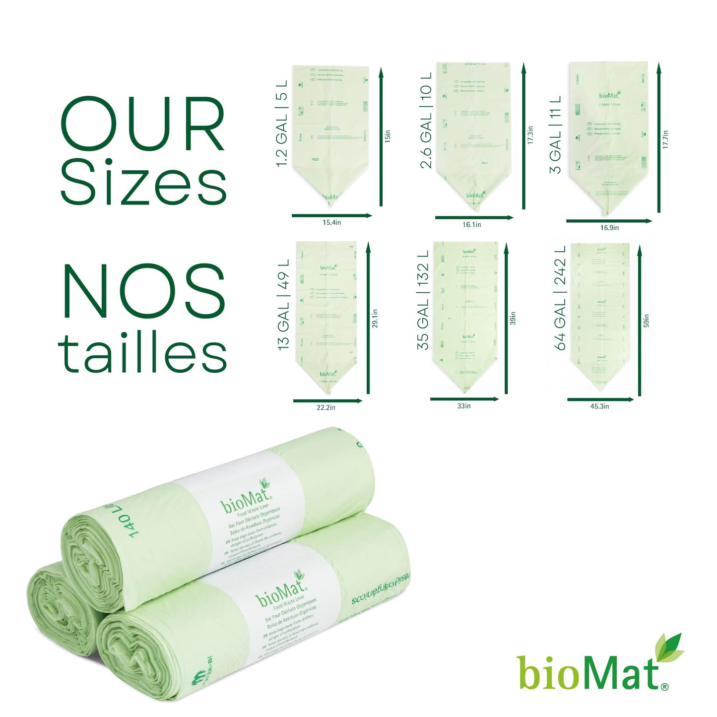 bioMat 132l / 35 Gallon Compostable Wheelie Bin Liners, 30 Count, BPI ASTM D6400, Large Compost Bags for Organic Waste and Residual Waste Bins