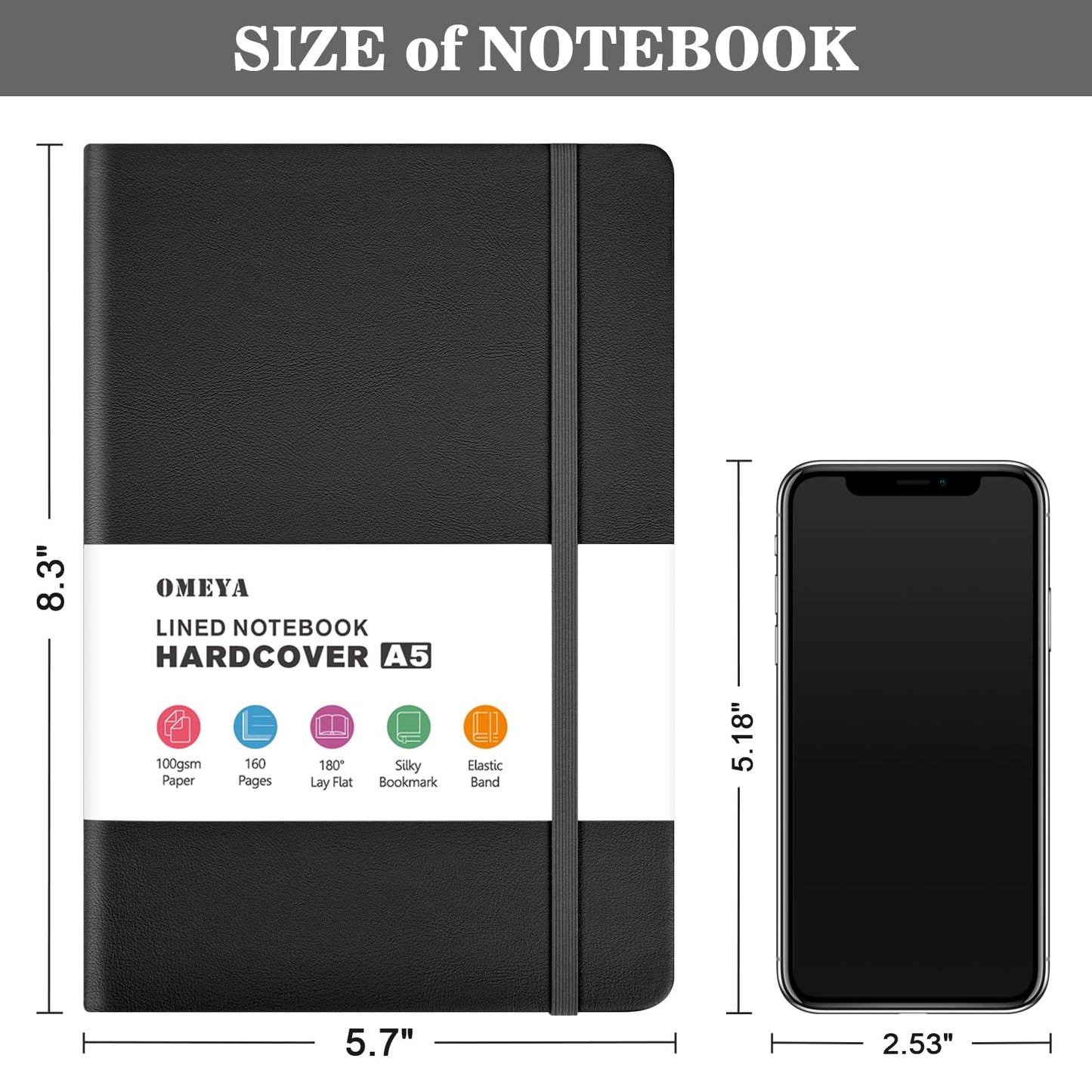 OMEYA 8 Pack Lined Journal Notebooks for Work, 100gsm Thick Paper, 5.7"x 8.3", A5 College Ruled Black Notebook Bulk, Leather Journal for Writing, Hardcover Notebooks for School, Office, Journal for Men