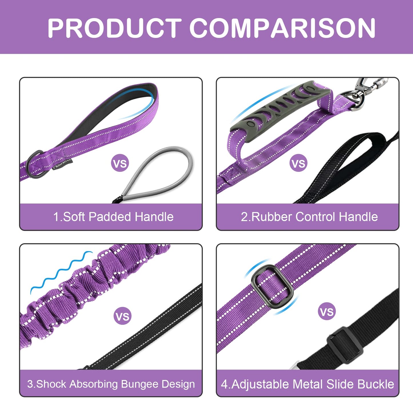 Chioratree Heavy Duty Dog Leash for Medium Large Dogs 2 Pack, Shock Absorbing Bungee Tactical Dog Leash, 4-6FT Strong No Pull Lead with 2 Padded Handle,Car Seatbelt,Light Reflective Rope, Black Purple