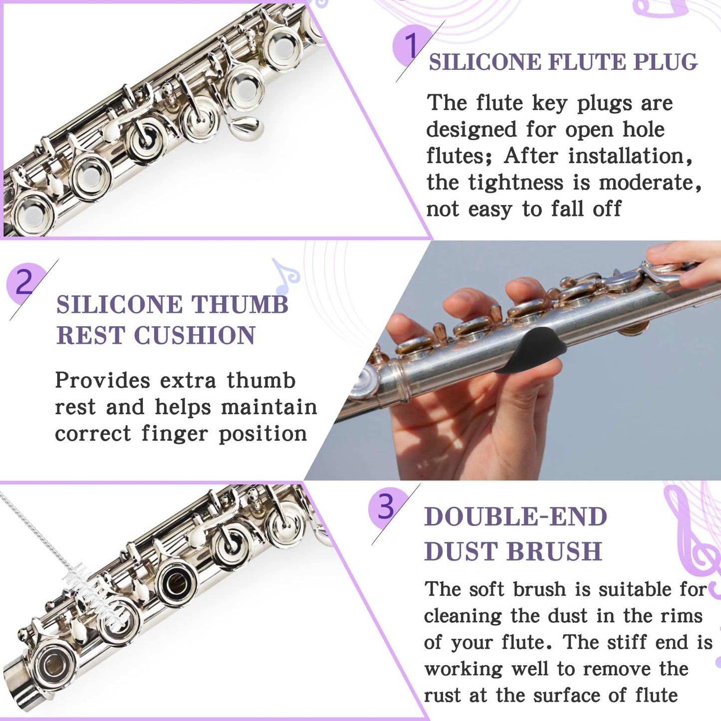 Vesici 40 Pcs Flute Cleaning Accessories All in 1 Flute Cleaner Maintenance Kit Care Kit with Brush Cleaning Rod Swab Plugs Thumb Rest Cushion(Purple)