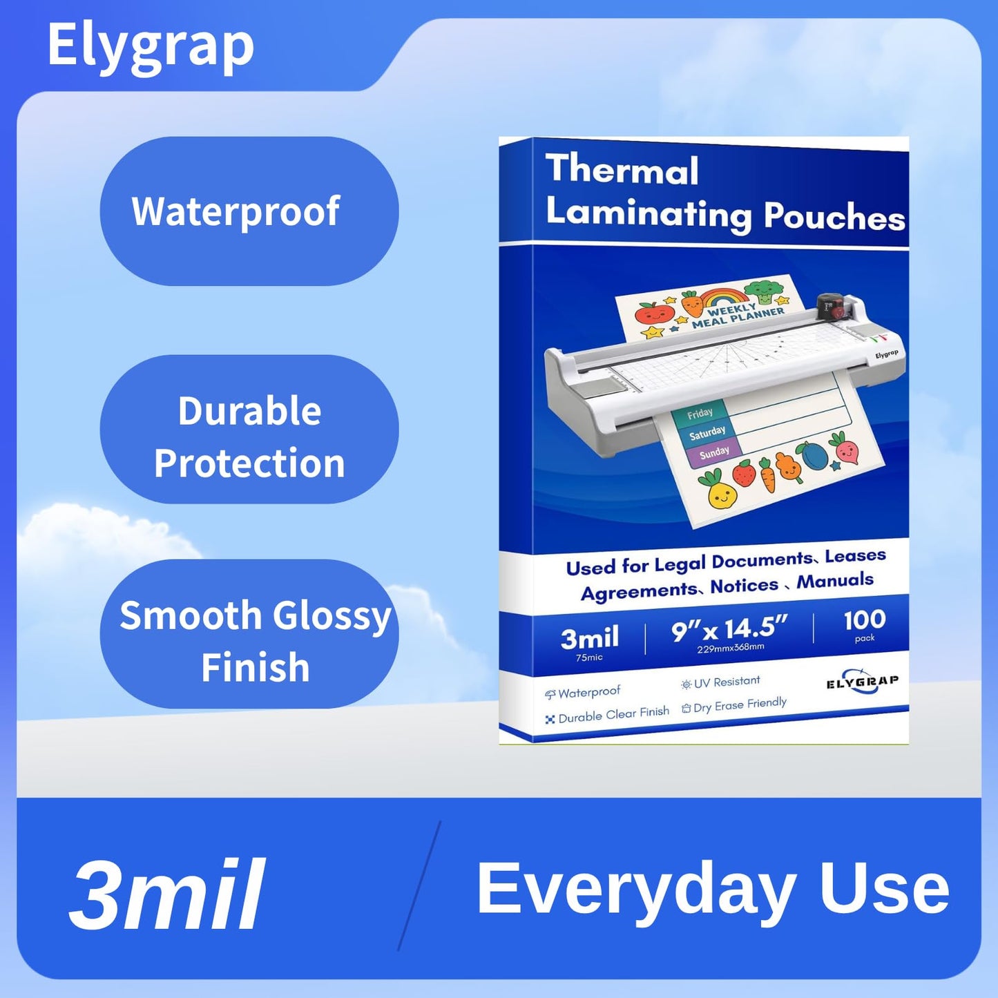 Elygrap 100 Pack Legal Size Laminating Sheets 8.5"x14" (9x14.5) - 3Mil Thick Clear Thermal Pouches for Documents, Compatible with All Laminators - Acid-Free & Bubble-Free Protection